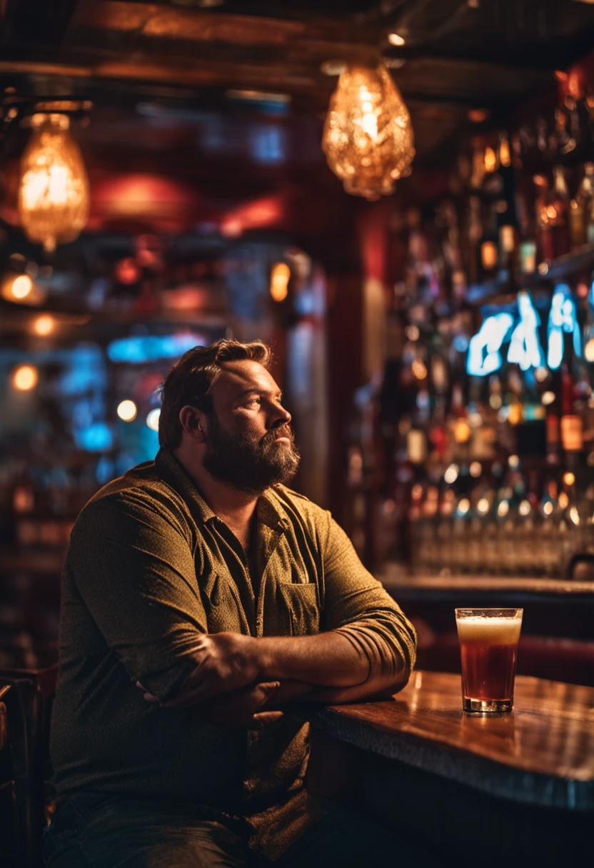 Create an ultra-realistic 8K photo depicting a man with obesity seated inside a cozy, dimly lit bar. He should be captured in the midst of savoring a cold beer, with the amber liquid and condensation on the glass visible. The man should be dressed in vivid red clothes, providing a stark contrast against the rustic and darker tones of the bar's ambiance. His posture should communicate a sense of relaxation and contentment, perhaps lost in thought or simply enjoying his drink.
The environment of the bar should be rich in detail, from the polished wooden counters to the ambient lighting that casts a soft glow on the bar's various elements, including bottles, taps, and possibly other patrons in the background, though out of focus.
The image composition should be in Full HD with every detail - from the texture of the man's clothes, the bubbles in the beer, to the nuances of his facial expressions - captured with absolute clarity. Use a high-end lens such as the Zeiss Otus series for superior sharpness and resolution.
Emphasize a shallow depth of field to focus on the man and his immediate surroundings, subtly blurring out the more distant background. The lighting should be soft and warm, enhancing the inviting nature of the bar and highlighting the textures and details of the man, his drink, and his environment.
--ar 16:9 --quality 2 --chaos 10