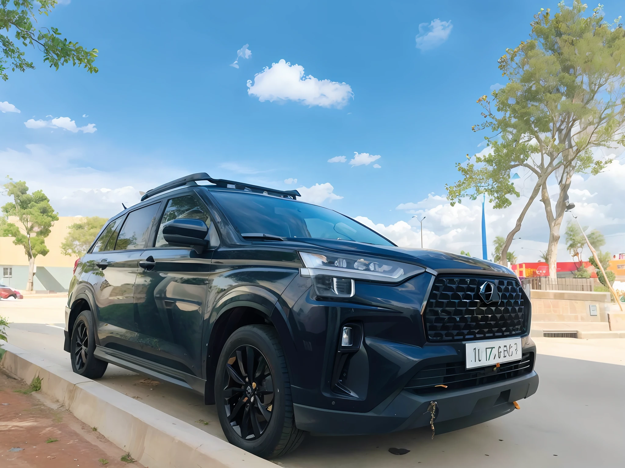 arafed suv parked on a sidewalk near a park with a tree, 🤬 🤮 💕 🎀, front profile shot, cinematic front shot, front angle, taken with sony alpha 9, vehicle photography, front portrait, front side, front view dramatic, frontview, 3/4 front view, front profile, front-view, front side full, facing front
