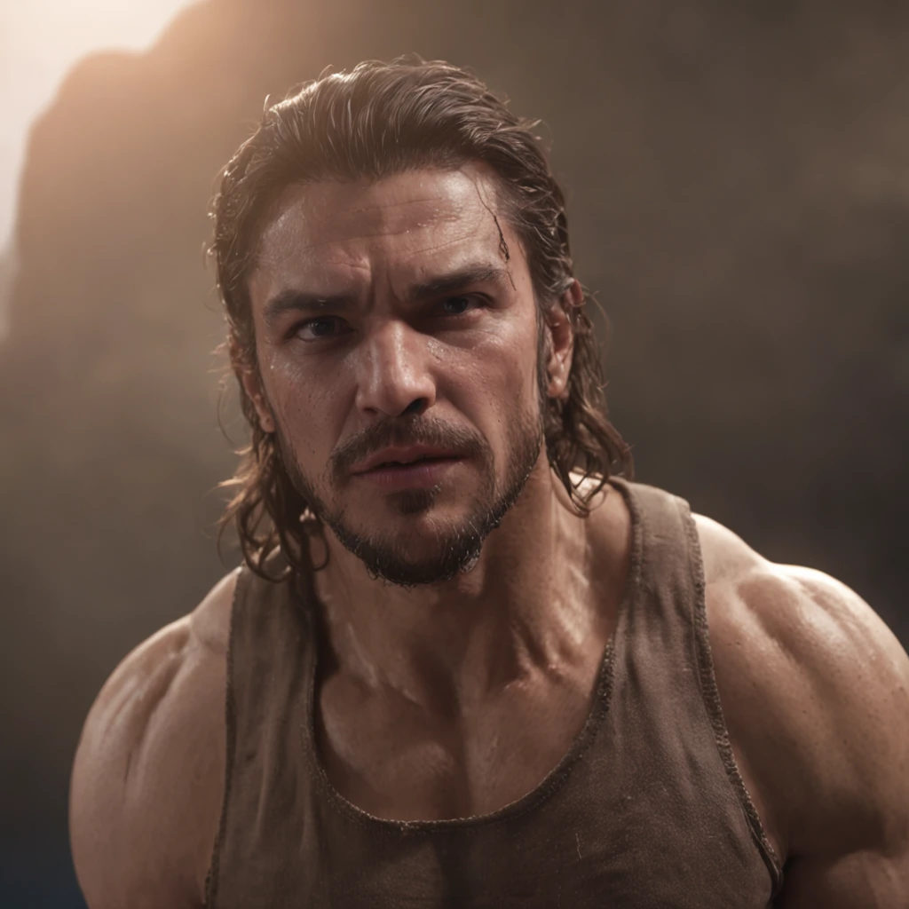 (Professional 3D rendering:1.3) de (Realistic:1.3) Foto de arte mais bonita do mundo,Features soft, bright male heroes, ((Epic hero fantasy rough muscular man wet hero angry look long hair short beard and fierce expression in dynamic pose, fantastic location, majestoso ambiente desordenado)), corpo inteiro 8k unidade render, action shot, poros da pele, very dark lighting, sombreamento pesado, circunstanciado, Rosto detalhado, (vibrante, fotogrdeia realista, Realistic, Dramatic, Escuro, foco nítido, 8k), (Old leather clothes damaged by bad weather:1.4), ((((Use peles)))), (intrincado:1.4), decadente, (altamente detalhado:1.4), pintura digital, rendering by octane, art stations, Conceito-Arte, liso, foco nítido, illustration, germe da arte, (Loish:0.23), Wlop Ilya Kuvshinov, e Greg Rutkowski e Alphonse Mucha Gracias, (global ilumination, studiolight, Light Volumetric), chuva forte, floating particles, patife, fantasia, Onze, corpo inteiroesbian, ((Fundo escuro e antigo da cidade:1.3)),CGSesociedade,art stations