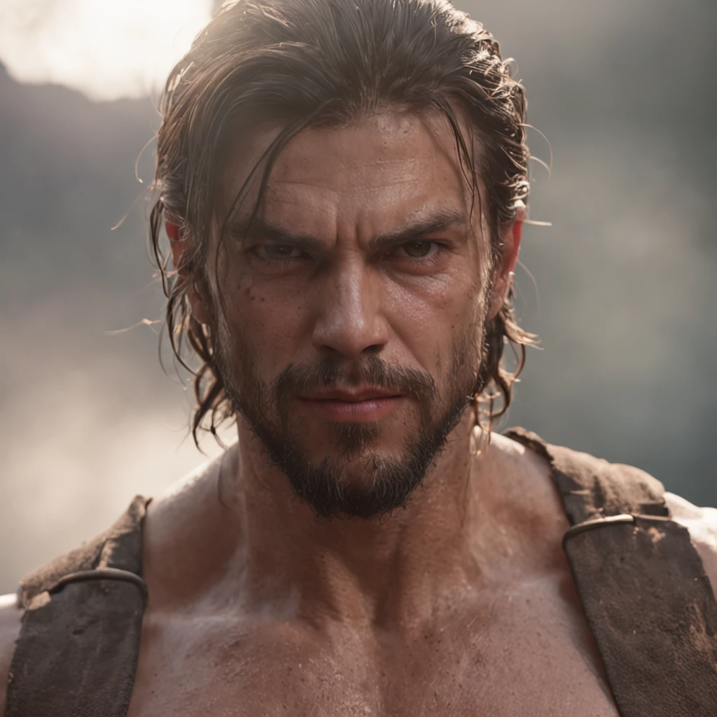 (Professional 3D rendering:1.3) de (Realistic:1.3) Foto de arte mais bonita do mundo,Features soft, bright male heroes, ((VILLAIN epic fantasy demon wet red skin angry look long black hair short beard and fierce expression in dynamic pose, fantastic location, majestoso ambiente desordenado)), corpo inteiro 8k unidade render, action shot, poros da pele, very dark lighting, sombreamento pesado, circunstanciado, Rosto detalhado, (vibrante, fotogrdeia realista, Realistic, Dramatic, Escuro, foco nítido, 8k), (Old leather clothes damaged by bad weather:1.4), ((((Use peles)))), (intrincado:1.4), decadente, (altamente detalhado:1.4), pintura digital, rendering by octane, art stations, Conceito-Arte, liso, foco nítido, illustration, germe da arte, (Loish:0.23), Wlop Ilya Kuvshinov, e Greg Rutkowski e Alphonse Mucha Gracias, (global ilumination, studiolight, Light Volumetric), chuva forte, floating particles, patife, fantasia, Onze, corpo inteiroesbian, ((Fundo escuro e antigo da cidade:1.3)),CGSesociedade,art stations