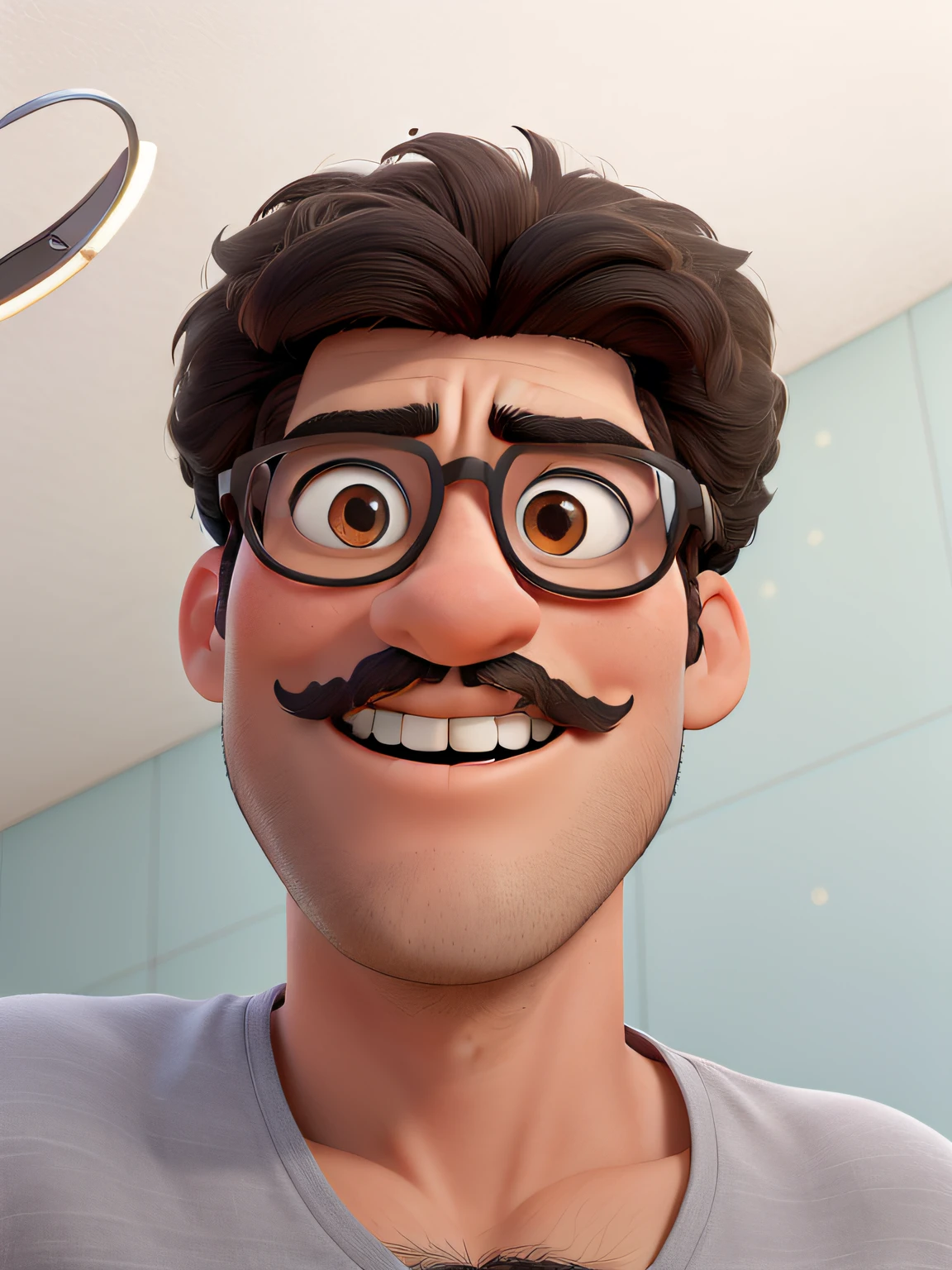 Obra-prima, de melhor qualidade, realista, estilo pixar, um homem negro, 19 anos, cabelo ondulados, com olhos estilo anime, sorrindo, bespectacled, de bigode fino, droopy eyebrows, nariz normais, standing photo