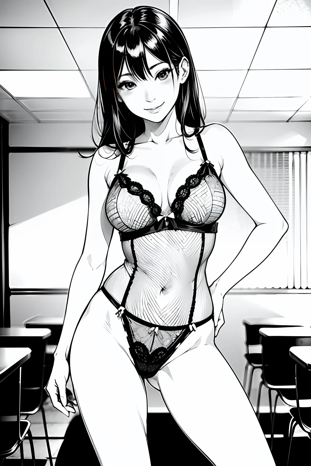 masterpiece, 1girl, solo, pov, yukino yukinoshita, sexy lingerie, front view, bust shot, walking, happy, spread legs, cowboy shot,, smile, greyscale, monochrome, halftone, drawing, manga, face focus, class room