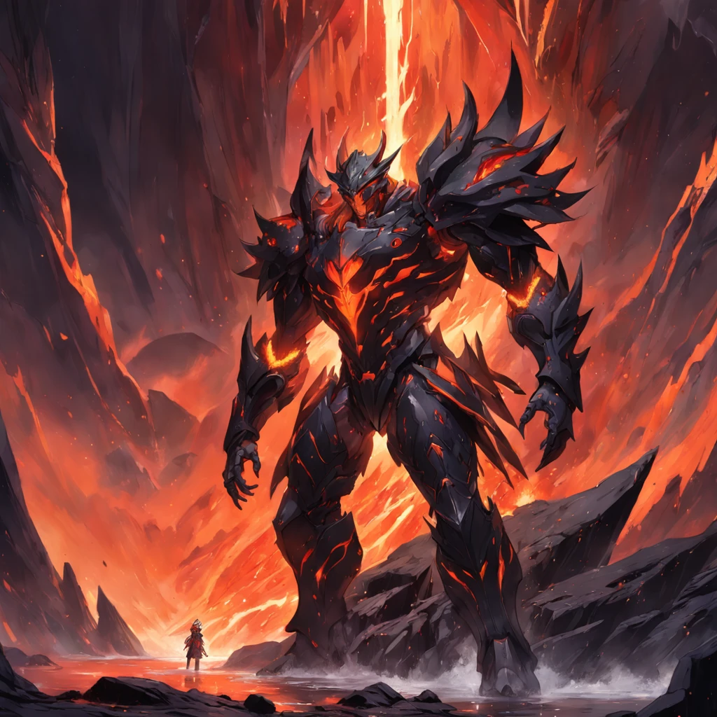 elf, black magma armor oozing and dripping with red-orange magma, volcanic landscape, Masterpiece, Best Quality