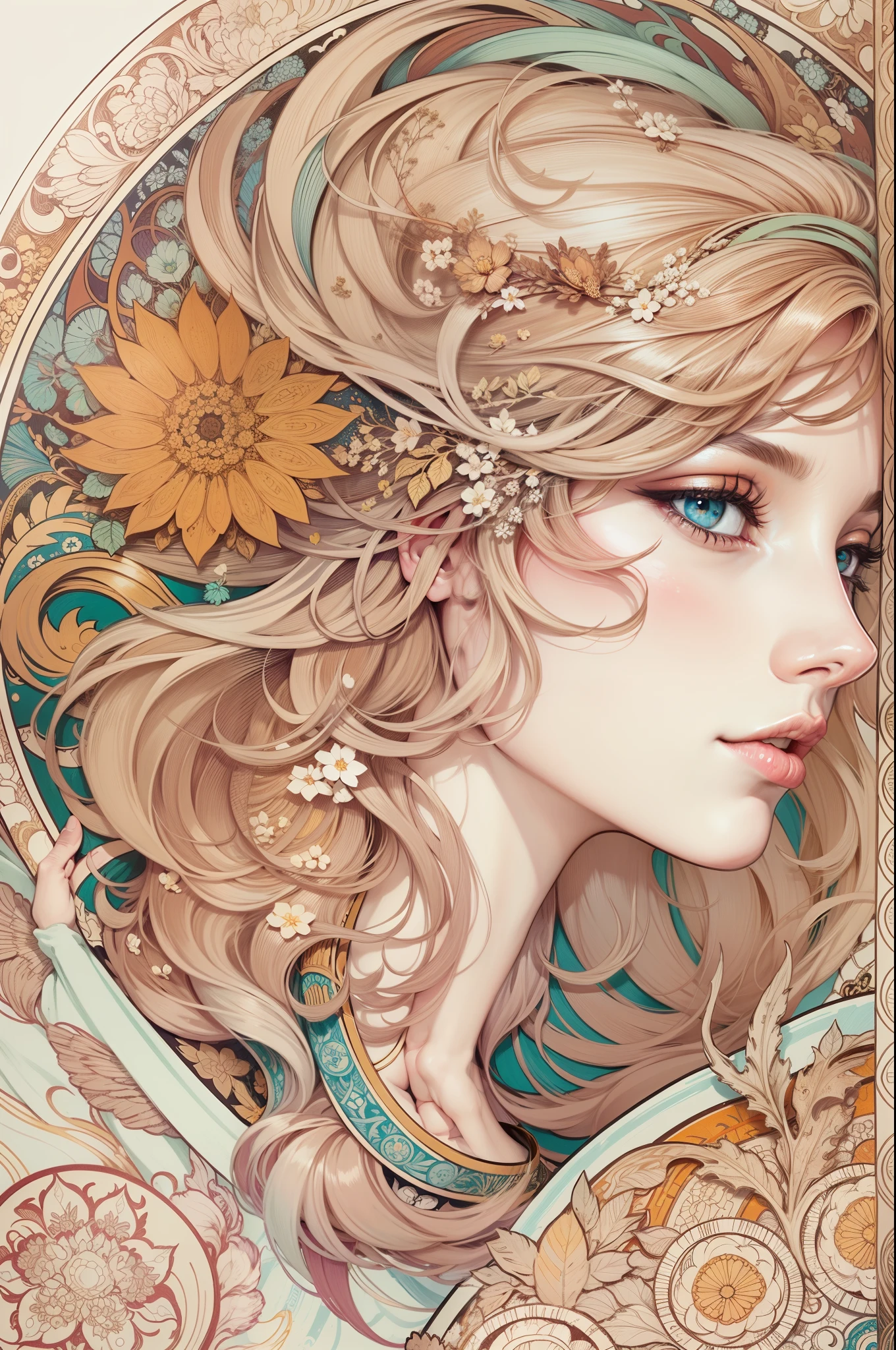 "Genshin, light hair, book page colorful art, white background, line art, clean line art, Nature-themed coloring mandala, simple and clean line art, coloring book page, adorned in Art Nouveau style, with a touch of Alfons Mucha's brushstroke, perfect intricate details, realistic."