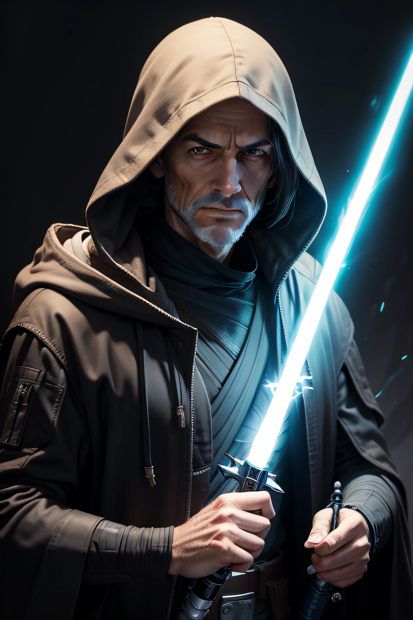 Create portrait of a man hooded jedi adult holding a lightsaber without light