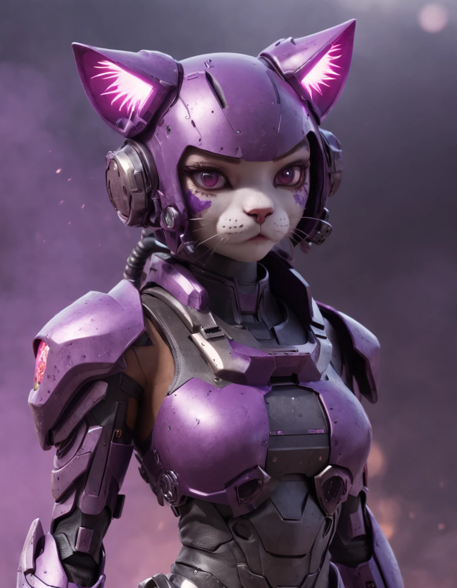 REALISTIC ANIME STYLE, JAPANESE ANIME, REAL ANIME, RAGE UNLEASHED, ANGRY, african american cat face young girl cyborg soldier HEAVY CAT ARMOR, MECHA CAT HELMET, HELLO KITTY with PURPLE GRENADES, GRENADES BELT, DARK PURPLE PIG TAILS, glowing purple eyes, heavy mecha armor, cybernetic, cyberpunk Assasin, on planet venus, wasteland, apocalypse, barren venus planet, cinematic, volume lighting, PURPLE SMOKE EXPLOSION