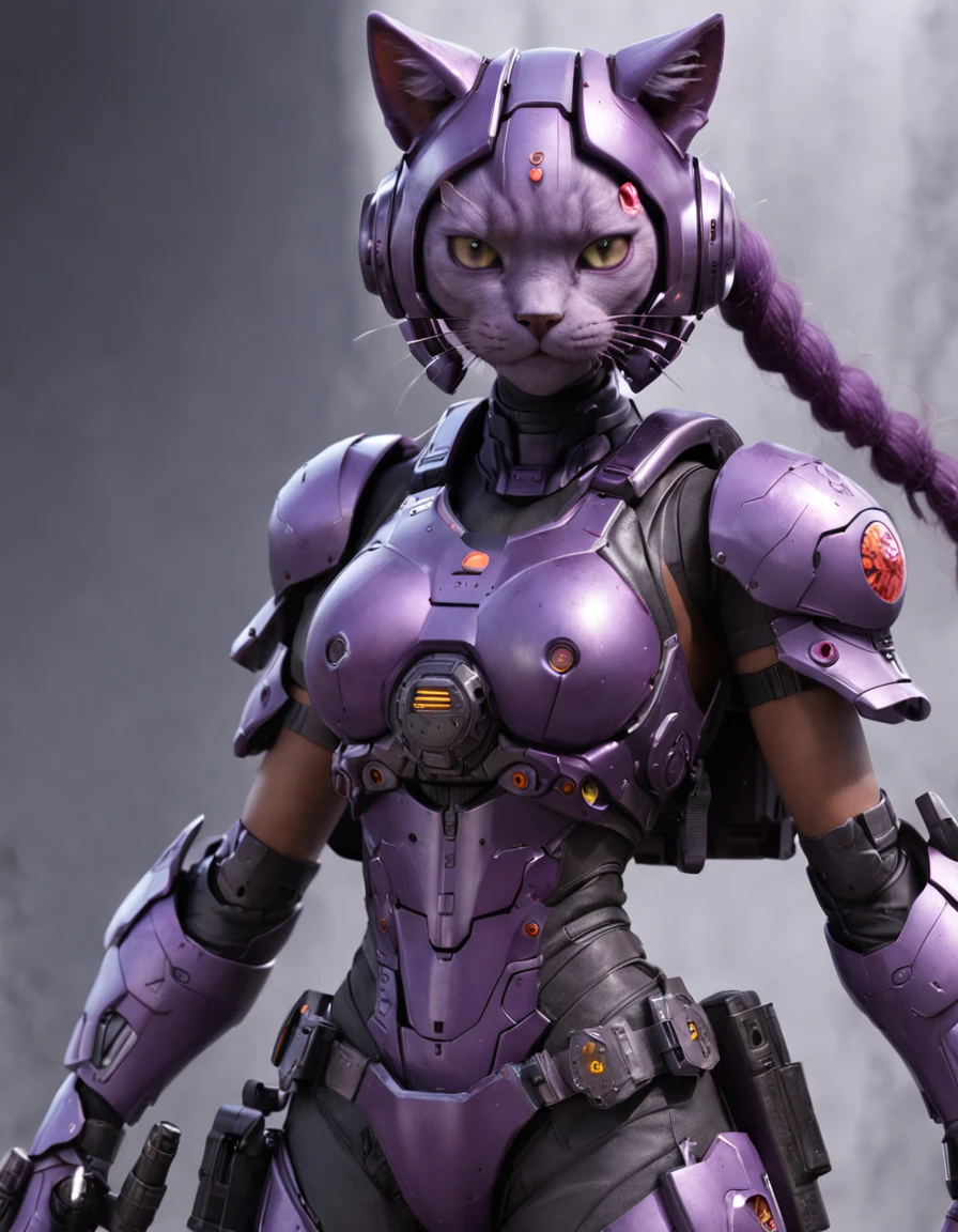 REALISTIC ANIME STYLE, JAPANESE ANIME, REAL ANIME, RAGE UNLEASHED, ANGRY, african american young girl cyborg soldier HEAVY CAT ARMOR, MECHA CAT HELMET, HELLO KITTY with PURPLE GRENADES, GRENADES BELT, DARK PURPLE PIG TAILS, glowing purple eyes, heavy mecha armor, cybernetic, cyberpunk Assasin, on planet venus, wasteland, apocalypse, barren venus planet, cinematic, volume lighting, PURPLE SMOKE EXPLOSION