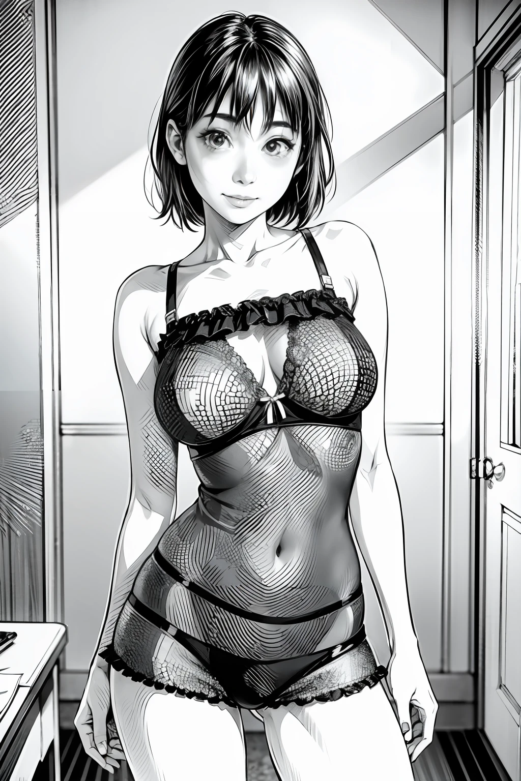 masterpiece, 1girl, solo, pov, ayase fuuka, sexy lingerie, front view, bust shot, walking, happy, spread legs, cowboy shot,, smile, greyscale, monochrome, halftone, drawing, manga, face focus, class room