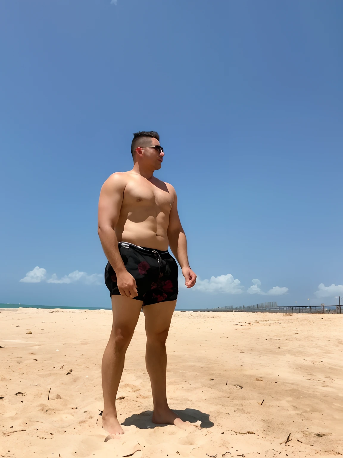 there is a man standing on the beach with a frisbee in his hand, standing at the beach, posando em uma praia com o oceano, na praia, posando na praia, em uma praia tropical, O oceano ao fundo, Standing on a beach, em uma praia, na praia, oceano ao fundo, standing near the beach, foto de praia