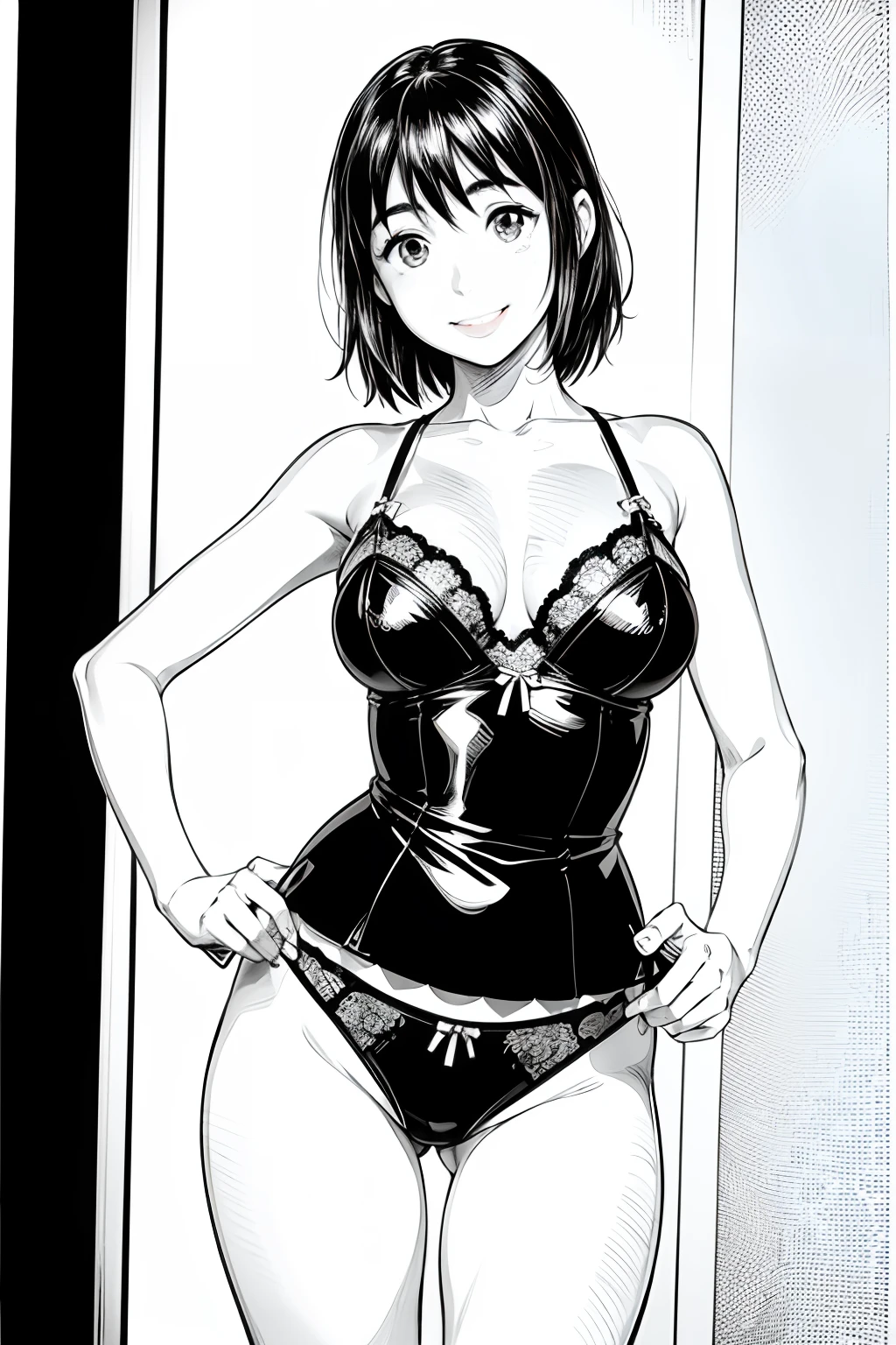 masterpiece, 1girl, solo, pov, ayase fuuka, sexy lingerie, front view, bust shot, walking, happy, spread legs, cowboy shot,, smile, greyscale, monochrome, halftone, drawing, manga, face focus, class room