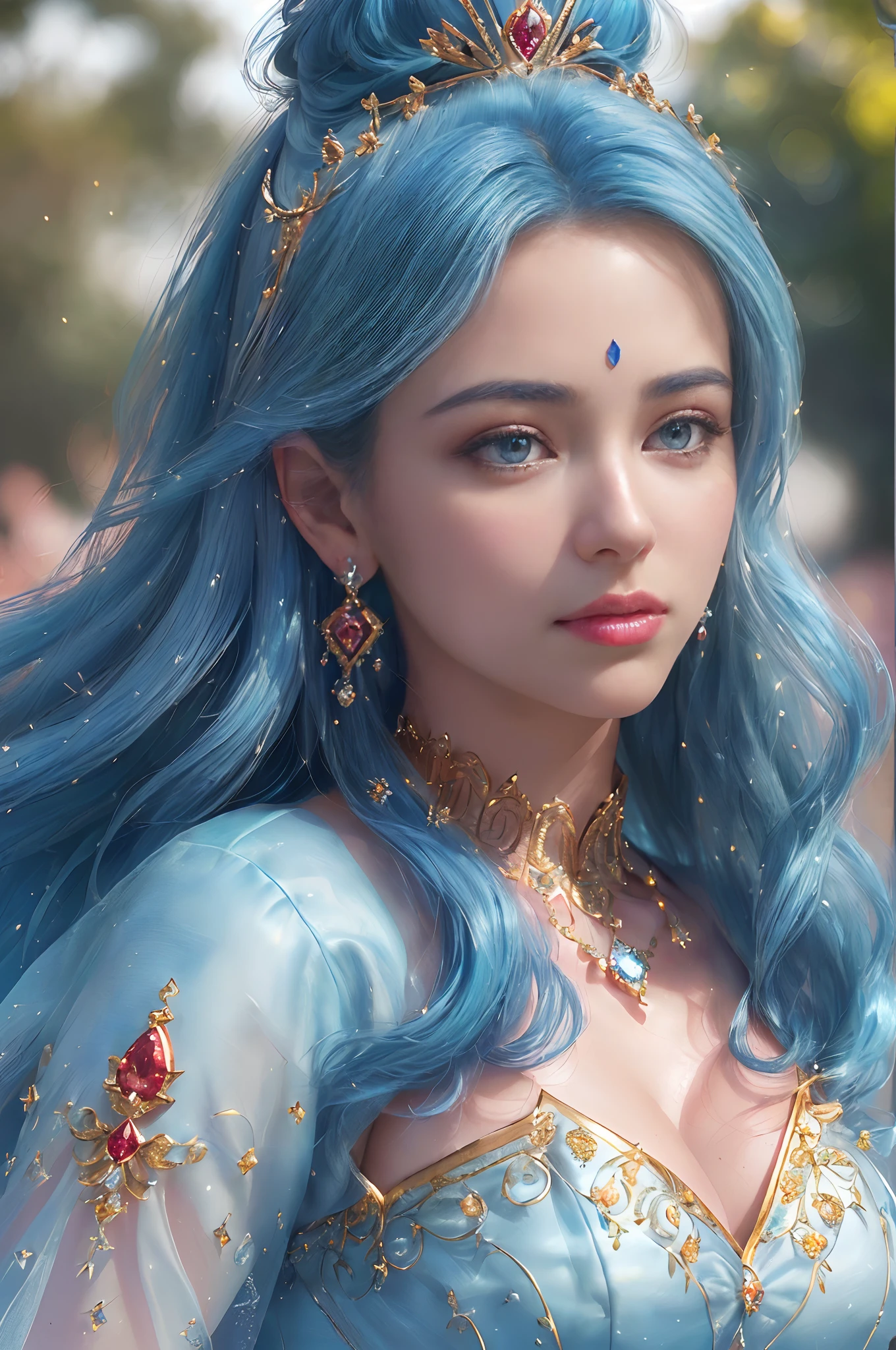 ((Realisticity: 1.2)), ((Best resolution: 8K, Ultra HD)), Best quality,Masterpiece,A high resolution,CG,
((1 Super detailed and super realistic girl)), ((The very beautiful queen is dazzling, Super realistic, and super detailed)),((White skin, Beautiful, smooth, Youthful, Super realistic and super detailed
)), Long hair, ((Super realistic and super detailed dress)), Solo, ((Super realistic, Super beautiful, Gorgeous and ultra-detailed jewelry)), ((Super beautiful, Super realistic and super detailed crimson and gold dress)),
((Super beautiful, Super realistic, Ultra-fine diamond-filled earrings)),
  ((Super beautiful, Ultra-realistic and ultra-detailed diamond-filled hair accessories)), ((Super beautiful upper body, Super beautiful, Super realistic and super detailed)), ((Big breasts: 2.5)), 
((Super big, Ultra-realistic and ultra-detailed royal palace background))
((Super beautiful, Super beautiful, Super realistic and detailed buns)), ((Super beautiful, Super realistic and super detailed blue hair)),
candid, photographed, high resolution, 8K,Bokeh,