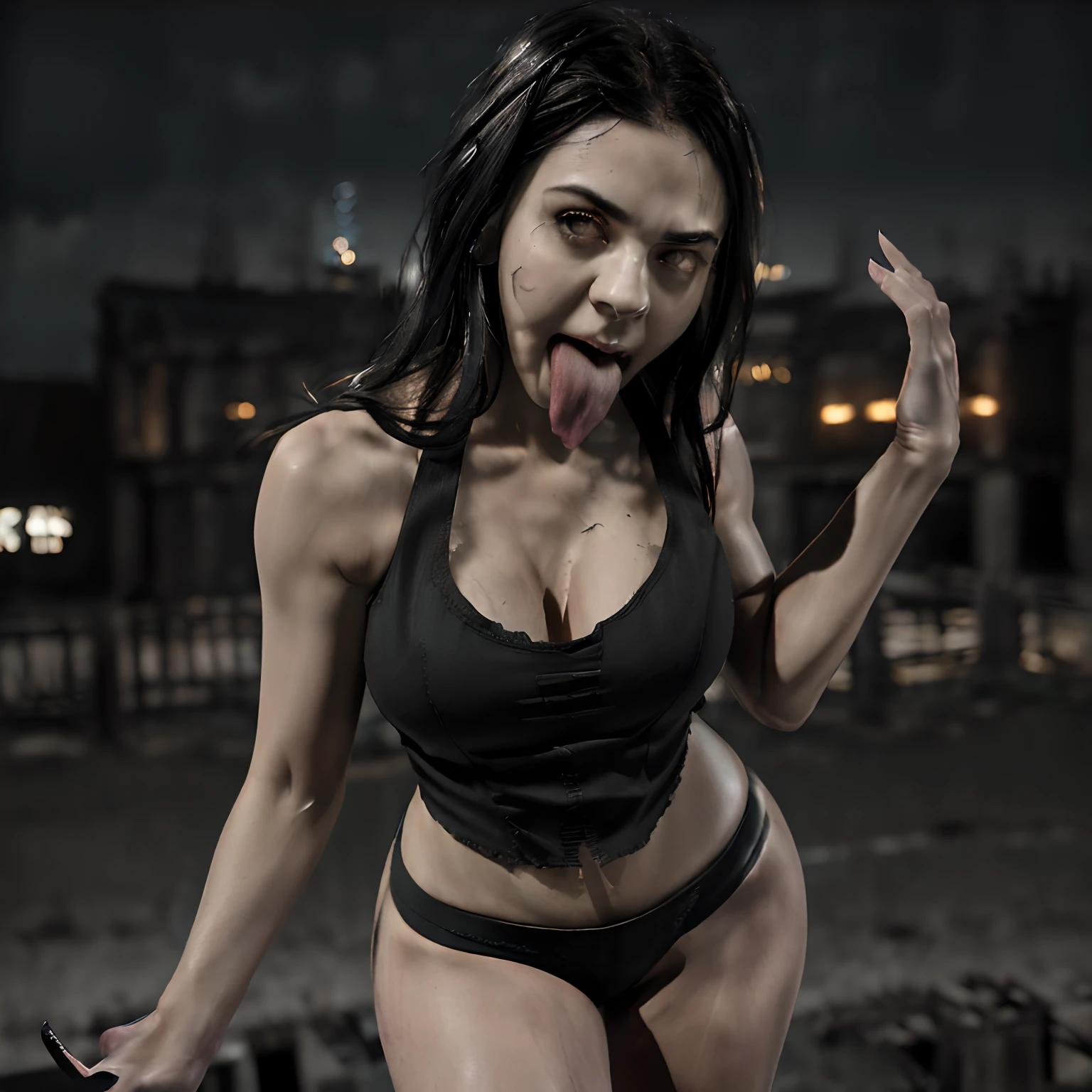 Masterpiece, best Quality, (ultra realistic portrait of WITCHL4D:1.5, zombie:1.5), (extremely detailed CG:1.2), (torn black tank top shirt:1.15, black panty:1.1, black hair:1.2, detailed ultra long shaped nail:1.75, roll her eyes back:1.85, tongue out:1.55), (detailed face:1.2, detailed eyes:1.15), Sharp Focus, (welcome hands and running to viewer:1.5, inside Abandoned building:1.3), Cinematic poster, (ultra huge breasts:1.55), (dark atmosphere:1.3),