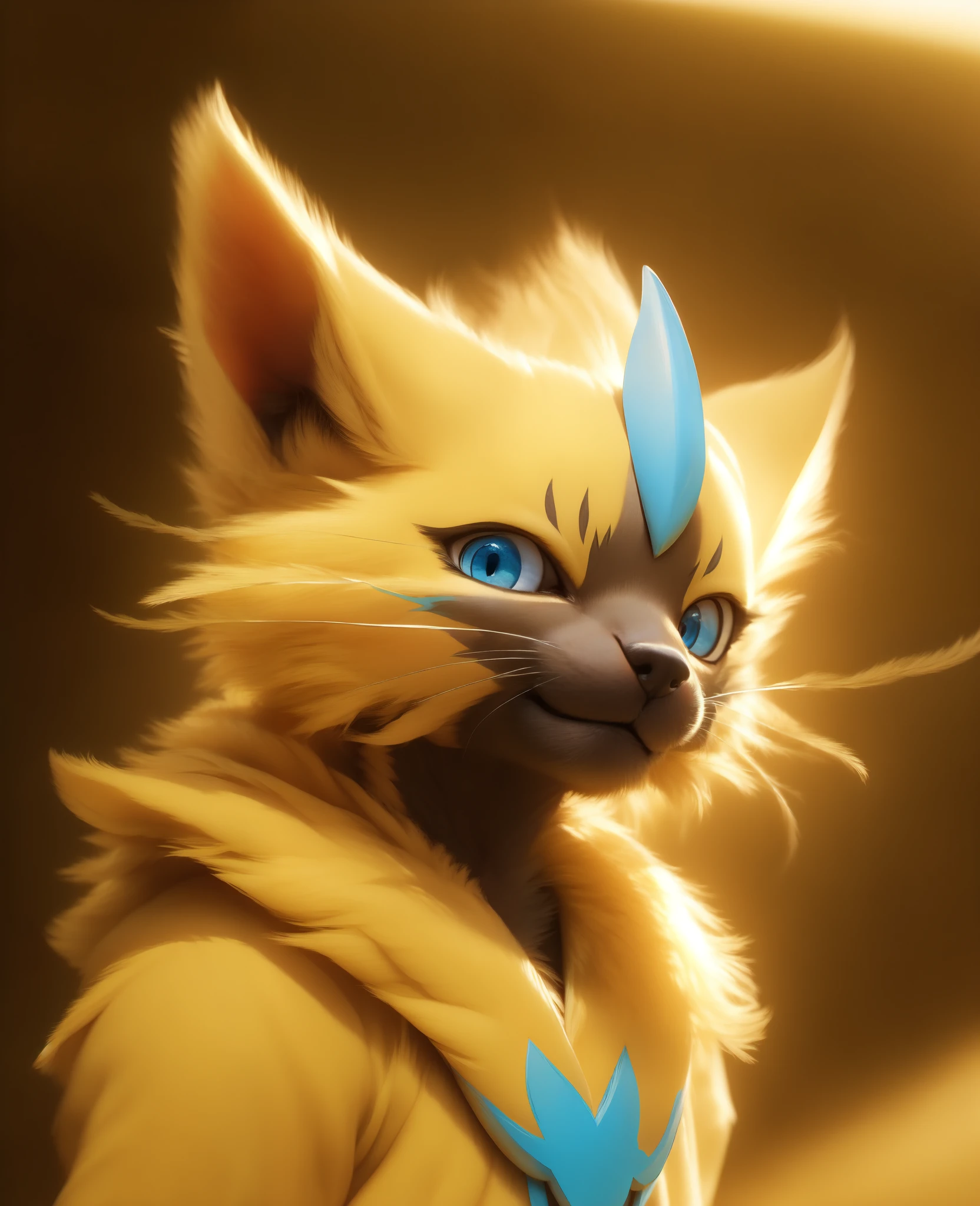 (high detail, film photography, soft focus, soft shaded, RAW candid cinema, photorealism:1.2, realistic, photorealistic:1.4, analog style, subsurface scattering, masterpiece, best quality, ultra realistic, 8k),, zeraora, Pokemon, yellow, fur,  blue eyes, smiling, cute, masterpiece, full body,, , anatomically correct,