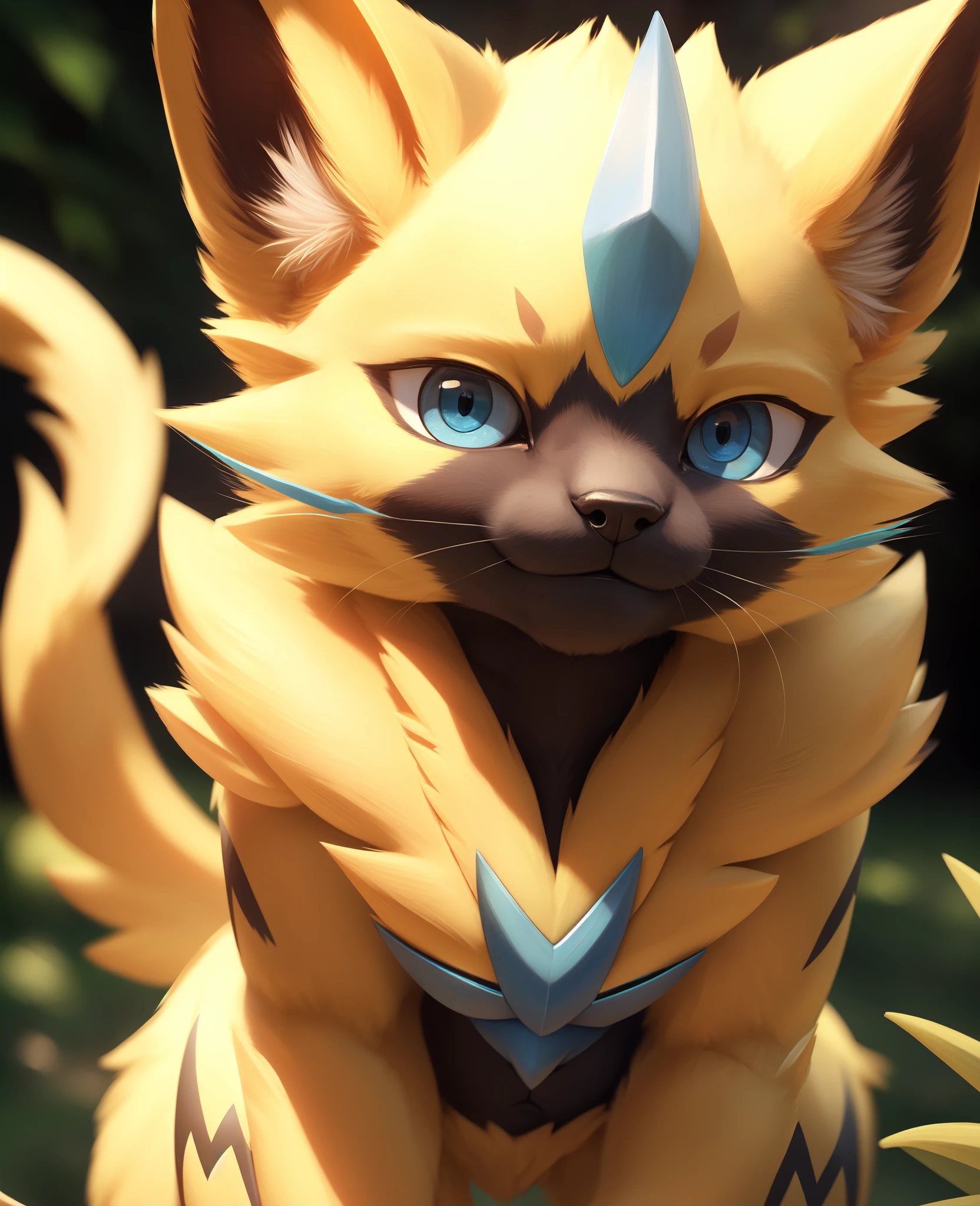 (high detail, film photography, soft focus, soft shaded, RAW candid cinema, photorealism:1.2, realistic, photorealistic:1.4, analog style, subsurface scattering, masterpiece, best quality, ultra realistic, 8k),, zeraora, Pokemon, yellow, fur,  blue eyes, smiling, cute, masterpiece, full body,, , anatomically correct,