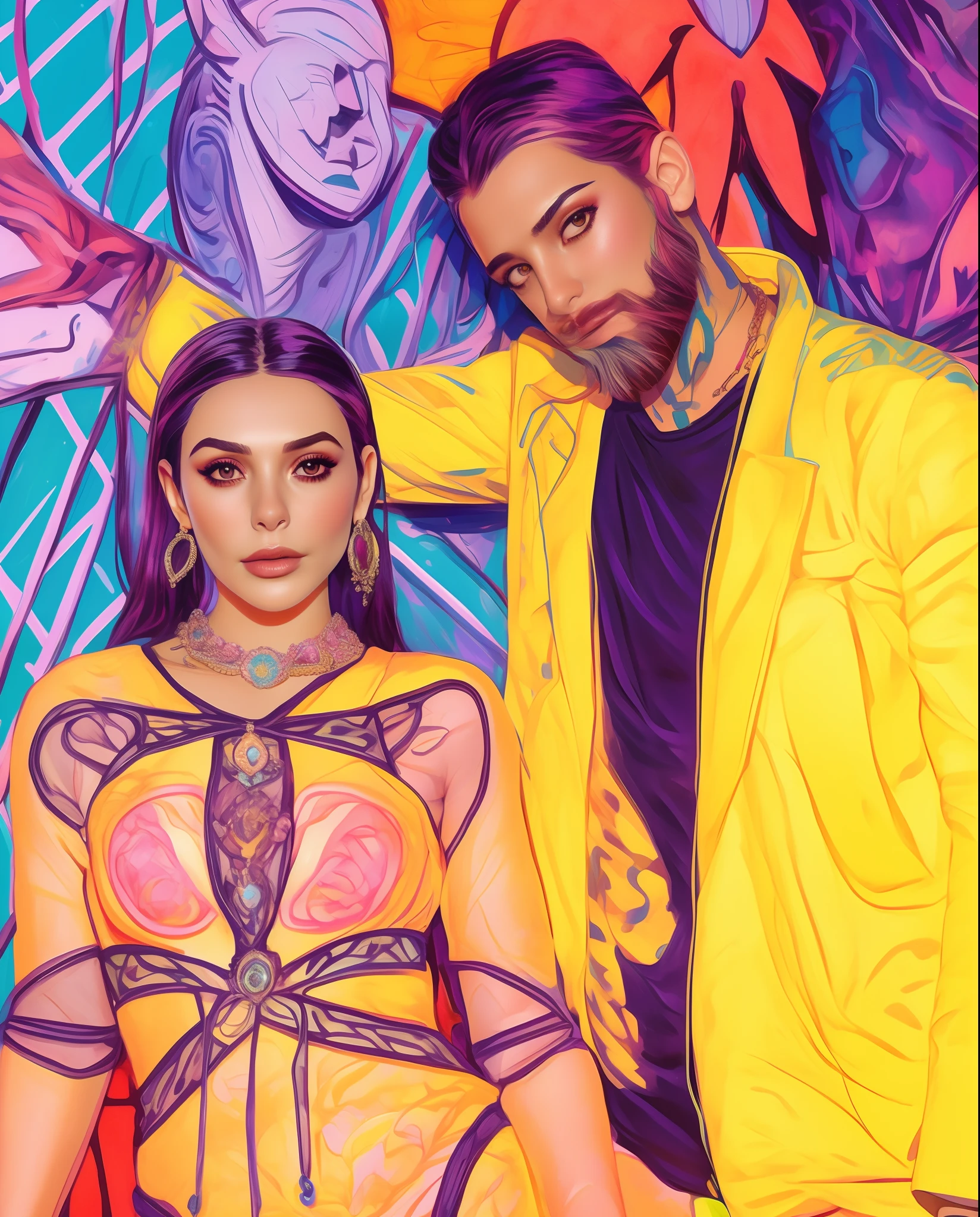 uma mulher em um vestido ROSA e um homem em uma jaqueta azul ROYAL, Charli Bowater e Artgeem, Editorial Oficial da Versace, neon vibes, Directed by: Galen Dara, 🤬 🤮 💕 🎀, inspirado em Elsa Bleda, Marcos Ariano, imagem de perfil, Jen Bartel, Raphael Personnaz, usando um vestido Rosa , Versace, NOVO ,Cleo Pires 512k