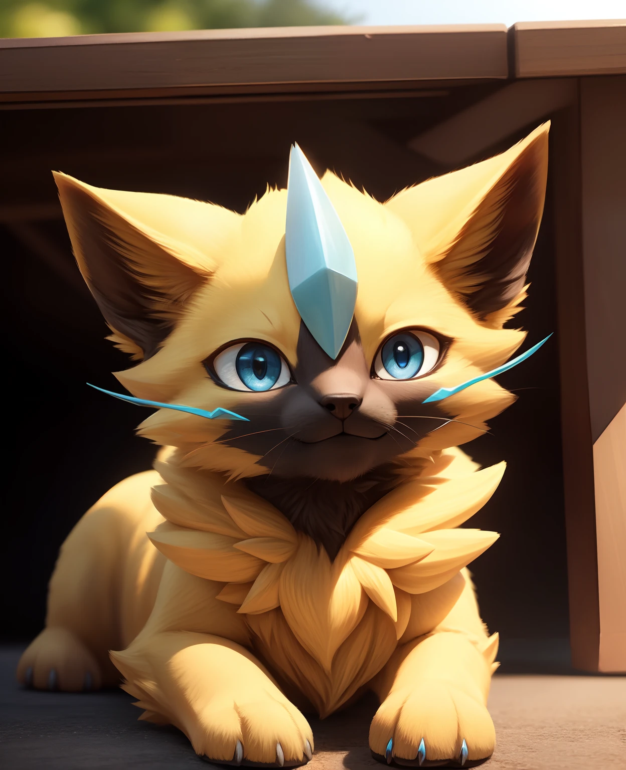 (high detail, film photography, soft focus, soft shaded, RAW candid cinema, photorealism:1.2, realistic, photorealistic:1.4, analog style, subsurface scattering, masterpiece, best quality, ultra realistic, 8k),, zeraora, Pokemon, yellow, fur,  blue eyes, smiling, cute, masterpiece, full body,, , anatomically correct,