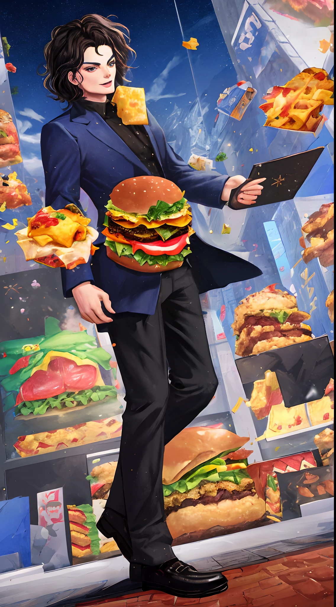 Michael Jackson in a square, It's Falling Burger From Heaven, and the devil is on his side