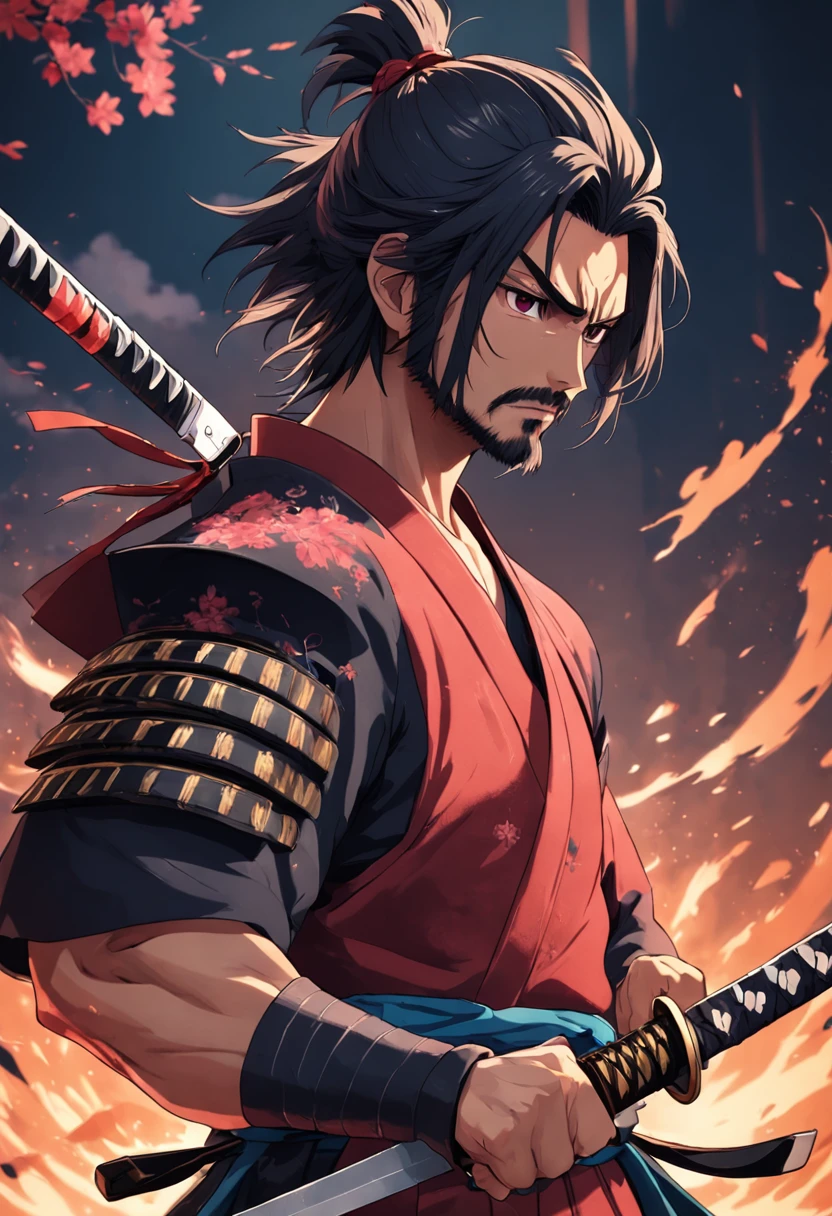 Felipe Eyng como um samurai, katana ornamental, armadura negra, sombrio, barba, best quality, bloodthirsty
