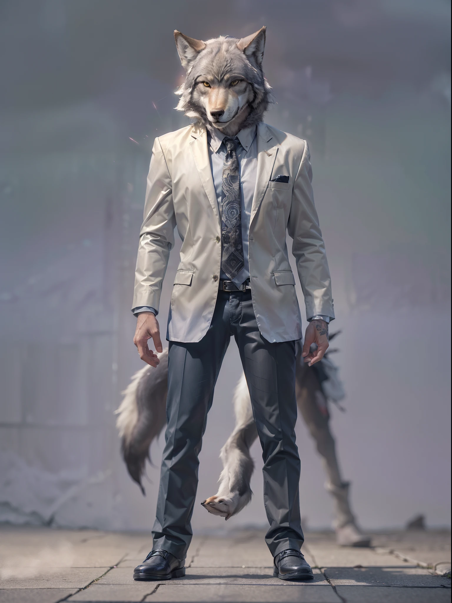 (((fullbody image、Standing posture)))、(Full body wolf standing upright in luxury business suit、Humanoid Wolf、Cool anthropomorphic wolf with long legs)、​masterpiece, top-quality, in 8K , intricate detailes, ultra-detailliert , light Particle、32K Digital Paint, Hyper-Realism, No background