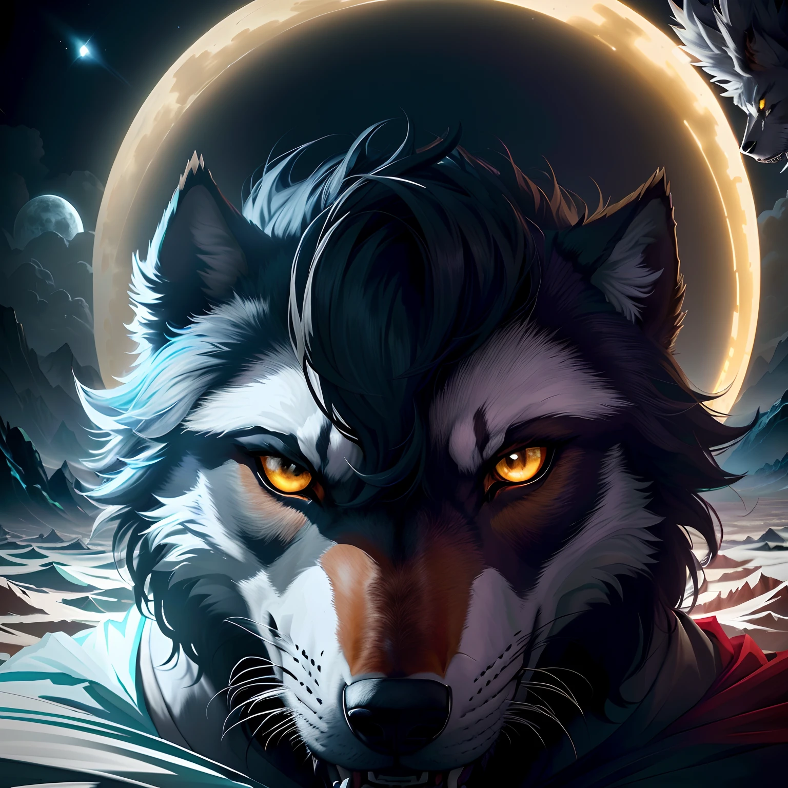 Lobo negro com cara de brabo , rosnando mostrando os dentes com a boca aberta anime com olhos brilhantes ao luar, lobo da fantasia, cara de lobo antro, arte peluda muito bonita, Ele tem olhos de lobo amarelos, retrato do lobo, personagem peludo, anthropomorphic wolf, an anthropomorphic wolf, alpha wolf head, impressionante estilo de arte detalhado, um lobo antro, Fenrir, arte de fantasia peluda, Capa de Livro