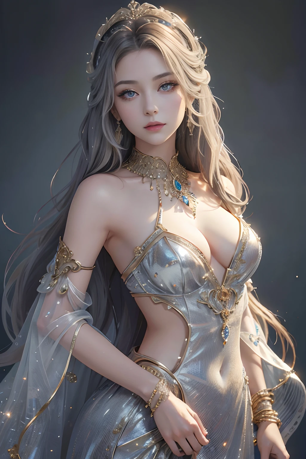 tmasterpiece,Highest image quality,A beautiful bust of a noble maiden,Delicate silver hairstyle,Clear golden eyes,Embellished with a dazzling array of intricate jewelry,Super detailed details,upscaled。