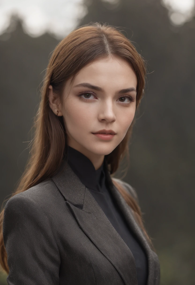 (beautiful woman in black suit without tie), (European), attractive appearance, long golden hair, stylish and stylish, shaved body in suit, showy body, (top) high quality and real picture), in the background Dark black and light image, cinematic style, (best quality, 8k, masterpiece).