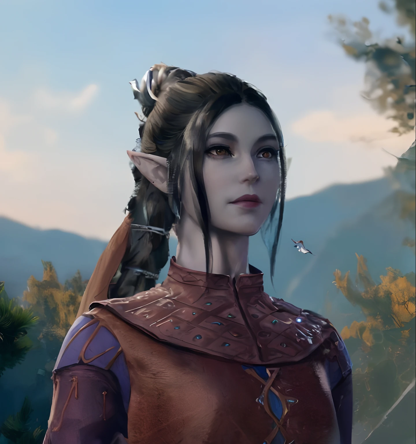 a close up of a person with a bird on their shoulder, elven character with smirk, half elf woman, female elf, a portrait of an elf, side portrait of elven royalty, of an elden ring elf, portrait of an elf, portrait of an elf queen, half orc half elf woman, portrait of a female elf warlock