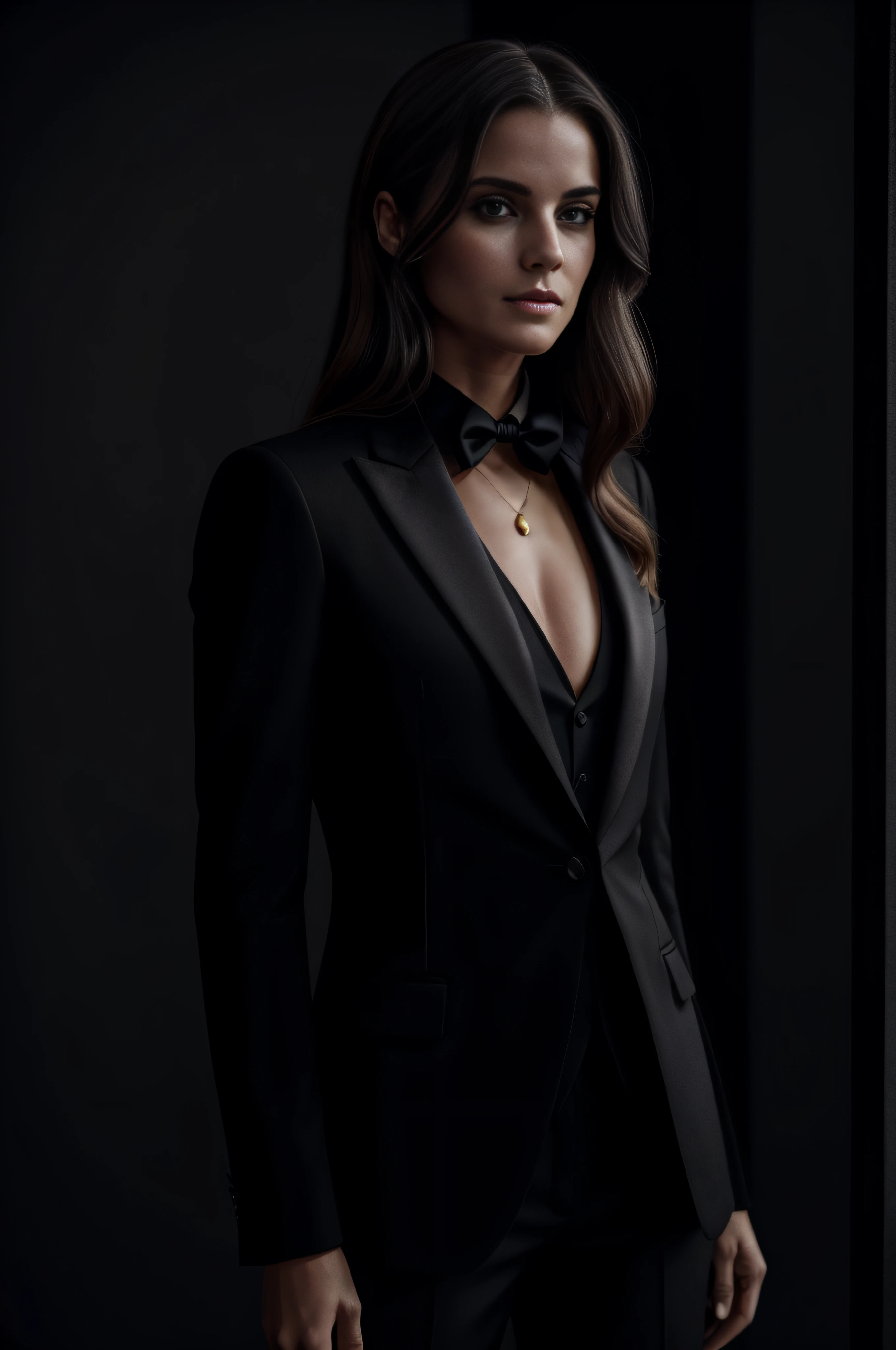 (beautiful woman in black suit without tie), (European), attractive appearance, long golden hair, stylish and stylish, shaved body in suit, showy body, (top) high quality and real picture), in the background Dark black and light image, cinematic style, (best quality, 8k, masterpiece).