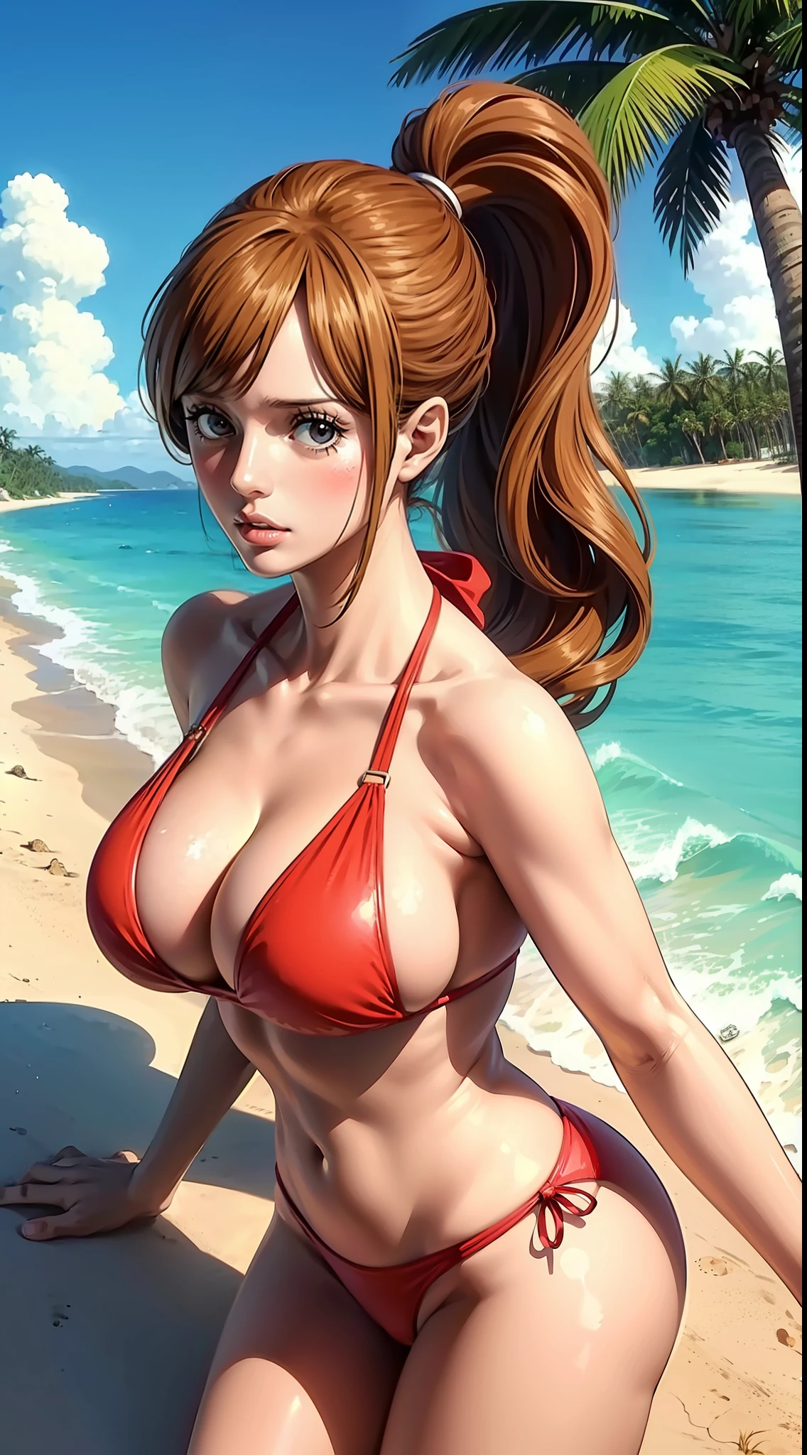 pudding from anime one piece, brown hair, hair tie, bangs, ponytail, perfect body, perfect boobs, beautiful woman, stunningly beautiful, wearing a beach bikini, red bikini, being on the beach, coconut trees, Realism, masterpiece, skin textured, super detailed, high detailed, high quality, best quality, 1080P, HD, 16k