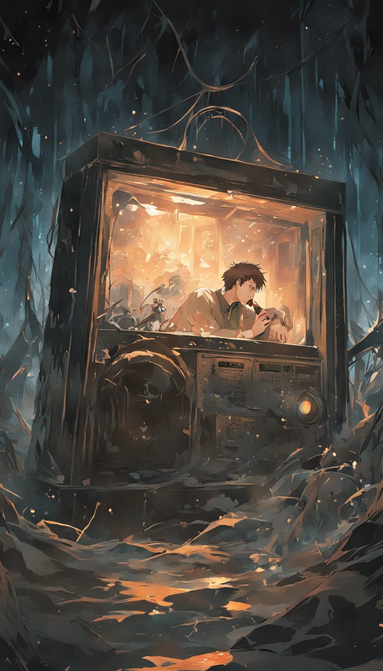 "(a man immersed in darkness, encompassed by a haunting ambiance, tightly clutching an antique radio:1.2)"