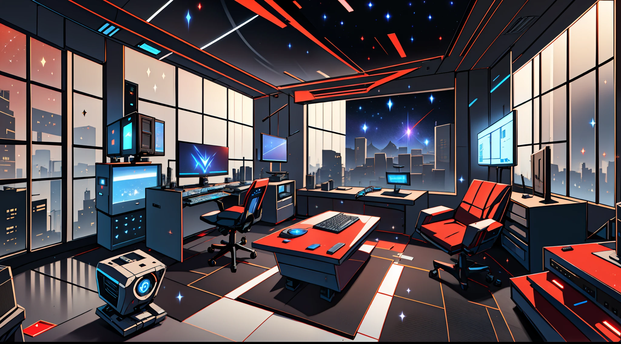 Warm light source Cyberpunk Calm night Tech bedroom Computer desk Microphone light Computer water dispenser Small fluorescent Starry sky Smooth floor Red fox Deconstructivism Fragmentation Gorgeous sculpture Floor-to-ceiling windows Light bed Camera chair Game interface Crimson Dark environment Ambilight