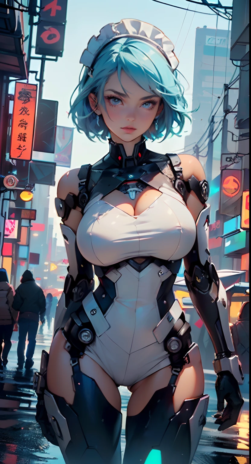 reelmech,cyborg girl,(cyborg girl:1.5),
maid android,(((1girl))),((mechanical robot girl with extremely cute and beautiful pale blue hair)),

(large breasts:1.4),saggy breasts,(((pale blue bob hair:1.35,colored inner hair,short hair,ear breathing))),(((doll))) ,((((pale blue eyes,pale white skin,doll joints:1.5,mechanical hands:1.5,silver armored dress,tesla coils,maid mechanical doll:1.5,Body of a machine,metallic skin,ball joint,no facial features,cyborg:1.5, robotic parts,robot)))),((blue eyes:1.3,upturned eyes:1.3,perfect eyes,beautiful detailed eyes,gradient eyes:1,finely detailed beautiful eyes:1,symmetrical eyes:1,big highlight on eyes:1.2)),((fat)),(((lustrous skin:1.5,bright skin: 1.5,skin tanned,shiny skin,very shiny skin,shiny body,plastic glitter skin,exaggerated shiny skin,illuminated,skin, wet legs))),(spider lower abdomen,narrow waist,wide hip,detailed body,(detailed face)),(Mechanical joints: 1.4,Mechanical limbs),

cute,slutty,seductive,erotic,(((nsfw))),

(maid headdress),bare_shoulders,delicate metal decorations,Headdress,(maid),sleeveless,miniskirt,boots,cleavage_cutout,bare_legs,((wet clothes,detailed outfit,detailed clothes)),

(dynamic pose:1.0),embarrassed,(centered,scale to fit dimensions,Rule of thirds),

((((cyberpunk city by the ocean,huge buildings,neon signs,puddles)))),stormy sky,threatening sky,dark clouds,((synthwave background theme,detailed background : 1.25)),((((night,nice lighting decorations,detailed architecture)))),

(best quality,high resolution,sharp focus,ultra detailed,extremely detailed,extremely high quality artwork,(realistic,photorealistic:1.37),8k_wallpaper,(extremely detailed CG 8k),(very fine 8K CG),((hyper super ultra detailed perfect piece)),flawless,(((masterpiece))),illustration,vibrant colors,(intricate),High contrast,Selective lighting,Double exposure,HDR (High Dynamic Range),Post-processing,Background blur,