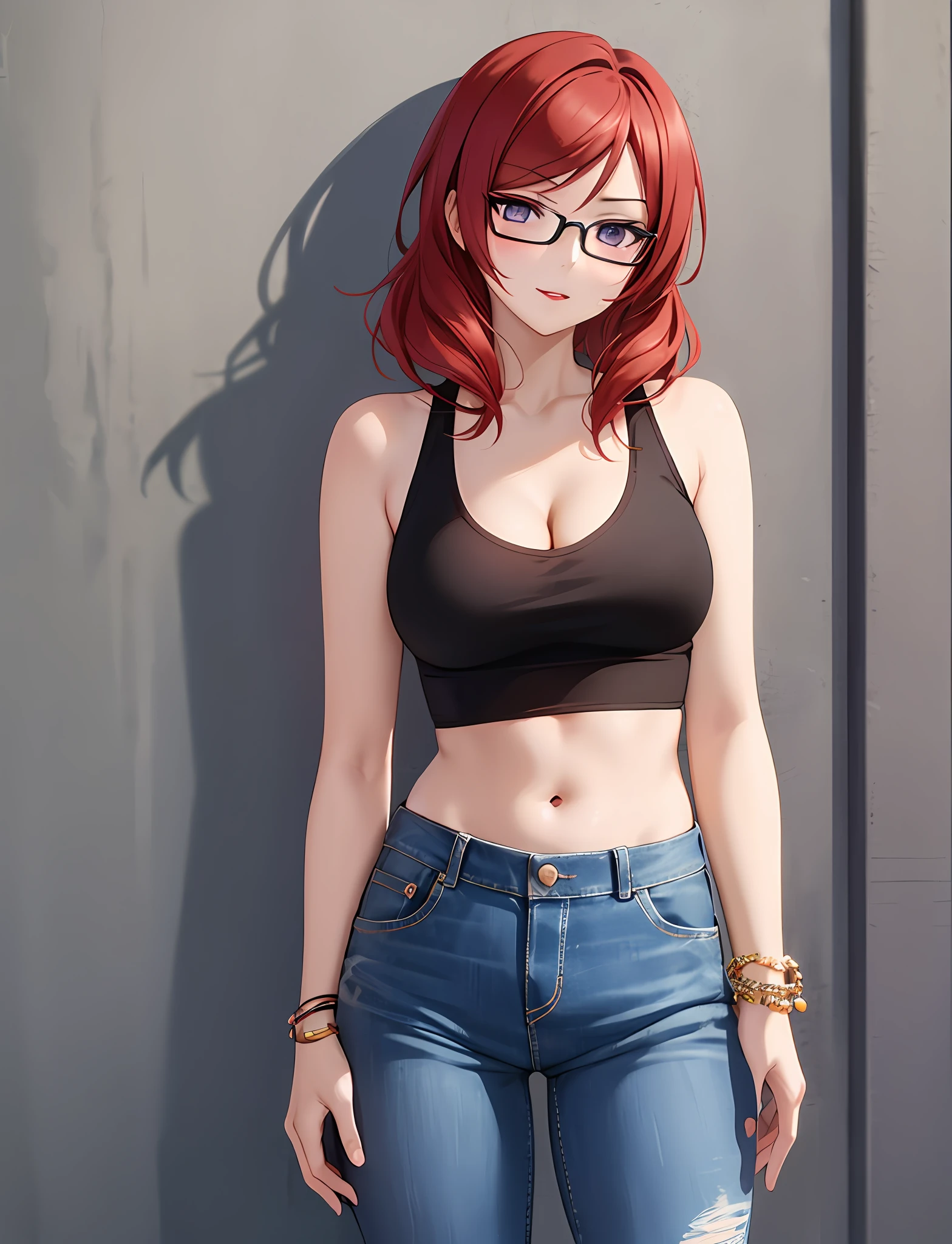 Nishikino maki, Purple eyes, red hair, lipstick,red tank top, denim pants,low waist pants,glasses, bracelet, cleavage, cowboy shot, sexy