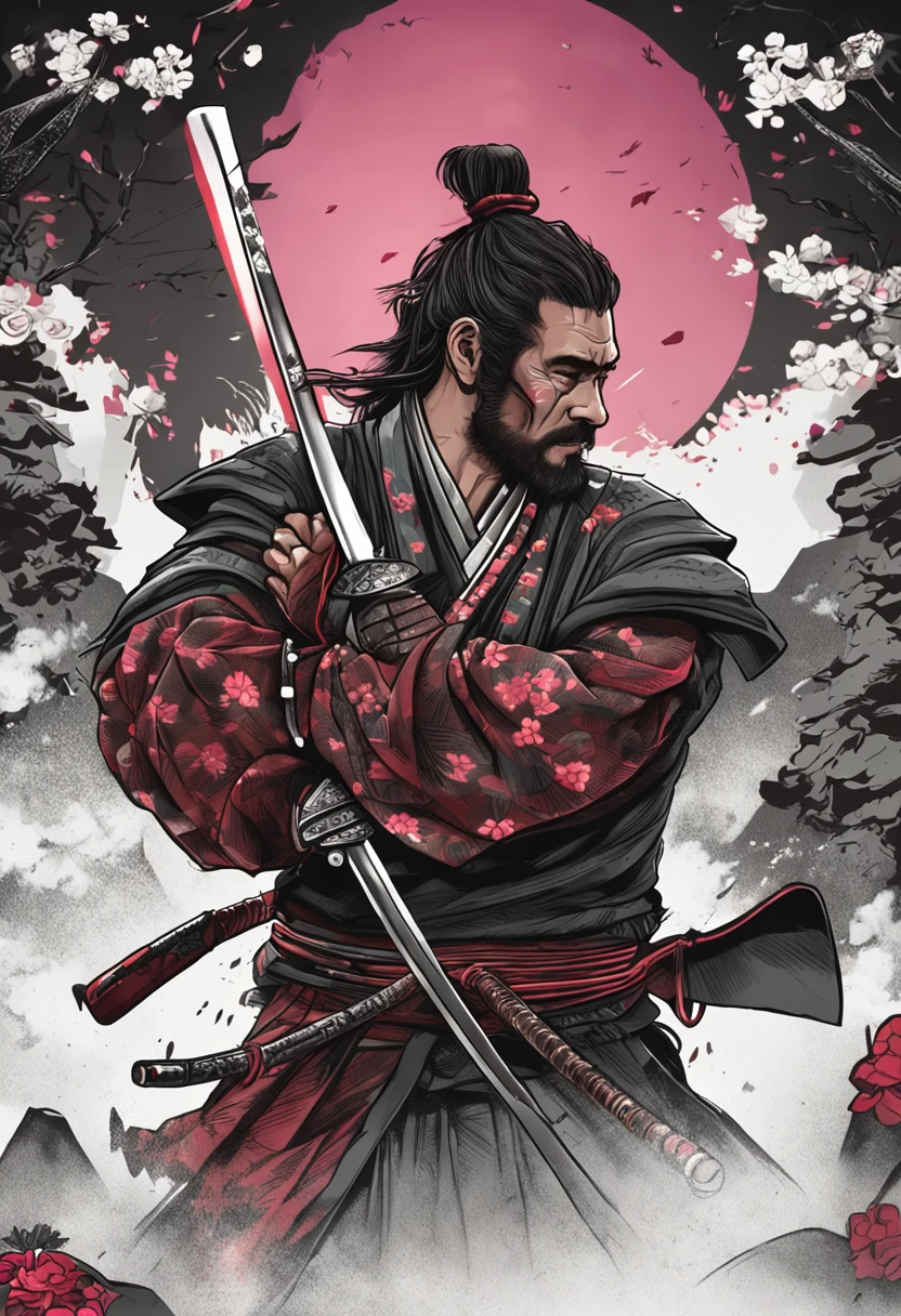 Felipe Eyng como um samurai, katana ornamental, armadura negra, sombrio, barba, best quality,