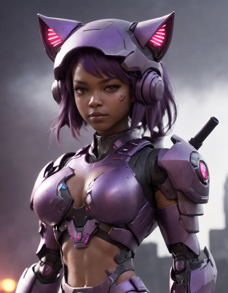 REALISTIC ANIME STYLE, JAPANESE ANIME, REAL ANIME, RAGE UNLEASHED, ANGRY, african american young girl cyborg soldier HEAVY CAT ARMOR, MECHA CAT HELMET, HELLO KITTY with PURPLE GRENADES, GRENADES BELT, DARK PURPLE PIG TAILS, glowing purple eyes, heavy mecha armor, cybernetic, cyberpunk Assasin, on planet venus, wasteland, apocalypse, barren venus planet, cinematic, volume lighting, PURPLE SMOKE EXPLOSION