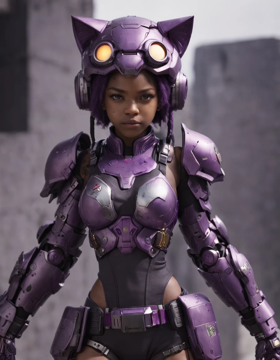 REALISTIC ANIME STYLE, JAPANESE ANIME, REAL ANIME, RAGE UNLEASHED, ANGRY, african american young girl cyborg soldier HEAVY CAT ARMOR, MECHA CAT HELMET, HELLO KITTY with PURPLE GRENADES, GRENADES BELT, DARK PURPLE PIG TAILS, glowing purple eyes, heavy mecha armor, cybernetic, cyberpunk Assasin, on planet venus, wasteland, apocalypse, barren venus planet, cinematic, volume lighting, PURPLE SMOKE EXPLOSION