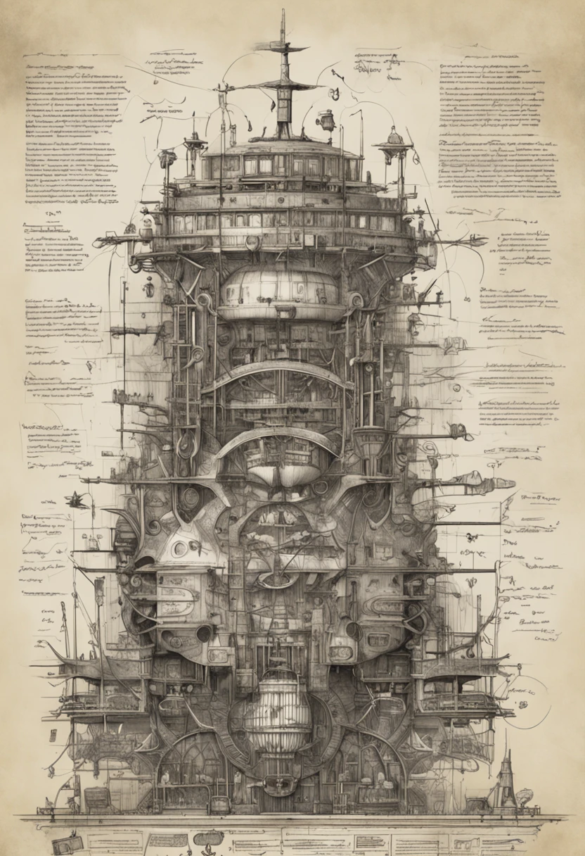 Hyperdetailed epic guitar cross-section, schematic diagram ink on medieval blueprint by Enki Bilal Vladislav Ociacia Ismail Inceoglu, bizarre gourd biomechanical complex hyperdetailed intricate mechanical, Codex Atlanticus, Scientific American illustration, pencil sketch