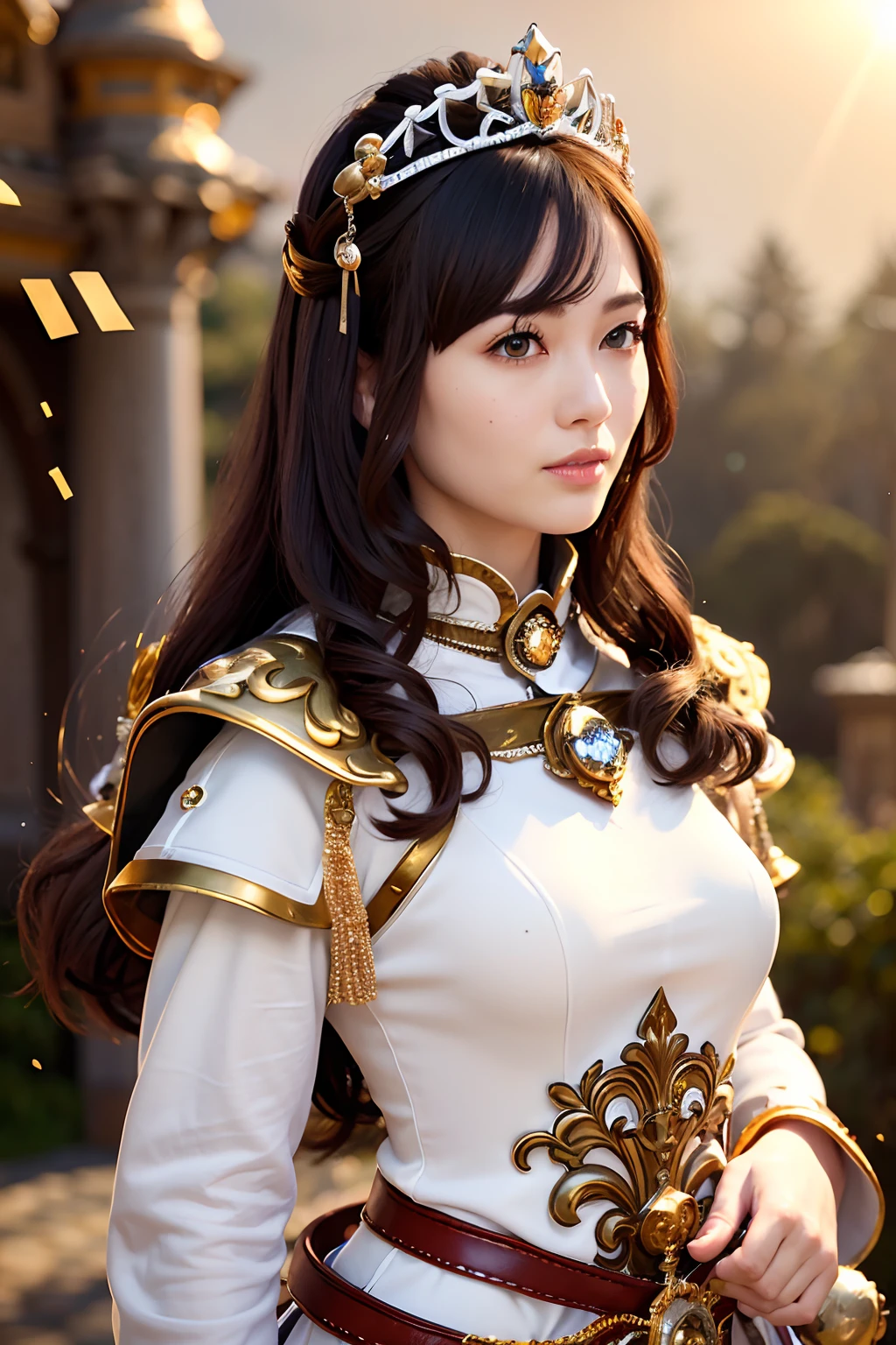(mastrepiece), Professional , ​masterpiece、top-quality、photos realistic , depth of fields （Gemstone Silver Metal Body:1.９),(Matte White、Particles of light、Jewel Gold Weapon（Jewel Metal Body:1.４),Gorgeous Jewel Metal Weapons , Detailed Sword of the Brave ,（ Soldier background in metal armor）   ,warhammer 40k , adepta sororitas,Detail and ornate jewel crown、独奏、Black hair、Gangle's forest background、Beautiful Caucasian beauty、１a person、dynamic ungle,(((Diamond tiara with detail and luxury)))、a small face、A smile、Powerful poses、（Gorgeous castle background）、huge-breasted、20 year old beautiful woman、Stand in the center of the screen、Thin female fingers、Seductive look、