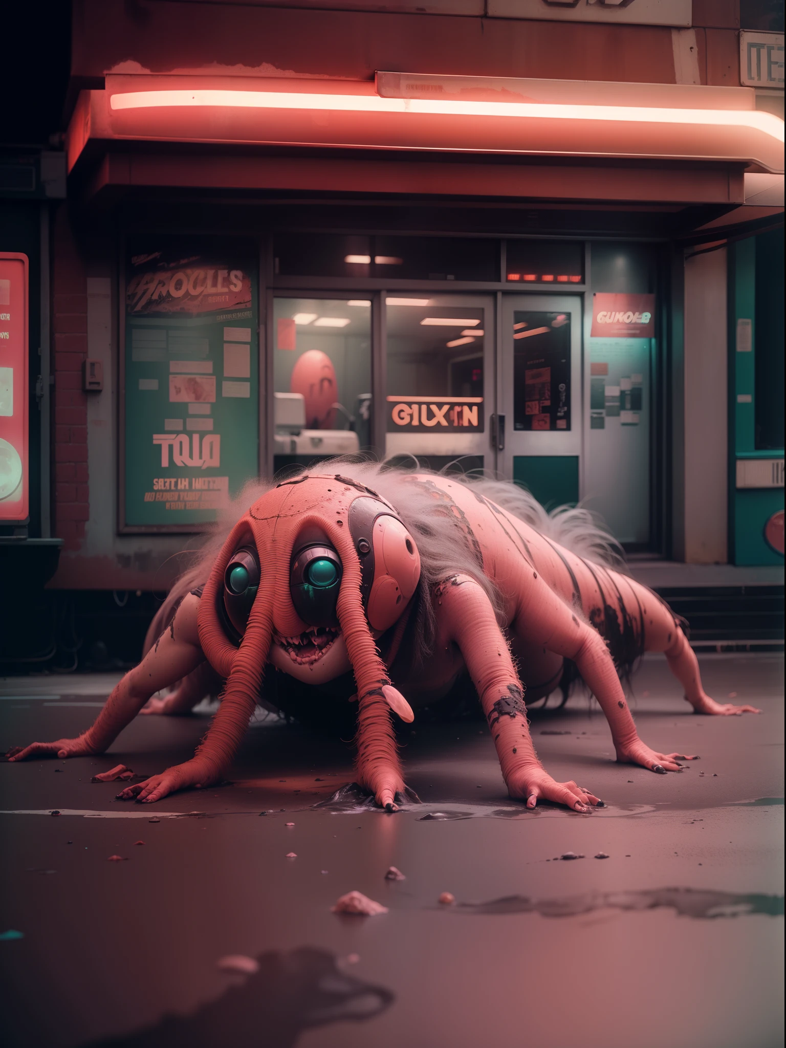 analogue photography of an abysmal droopy extraterrestrial creature crawling from the abyss in an off-broadway production, grungy poster, 35mm film photography, filmgrain, rule of thirds, retro minimalism, neon streets, slightly horroresque