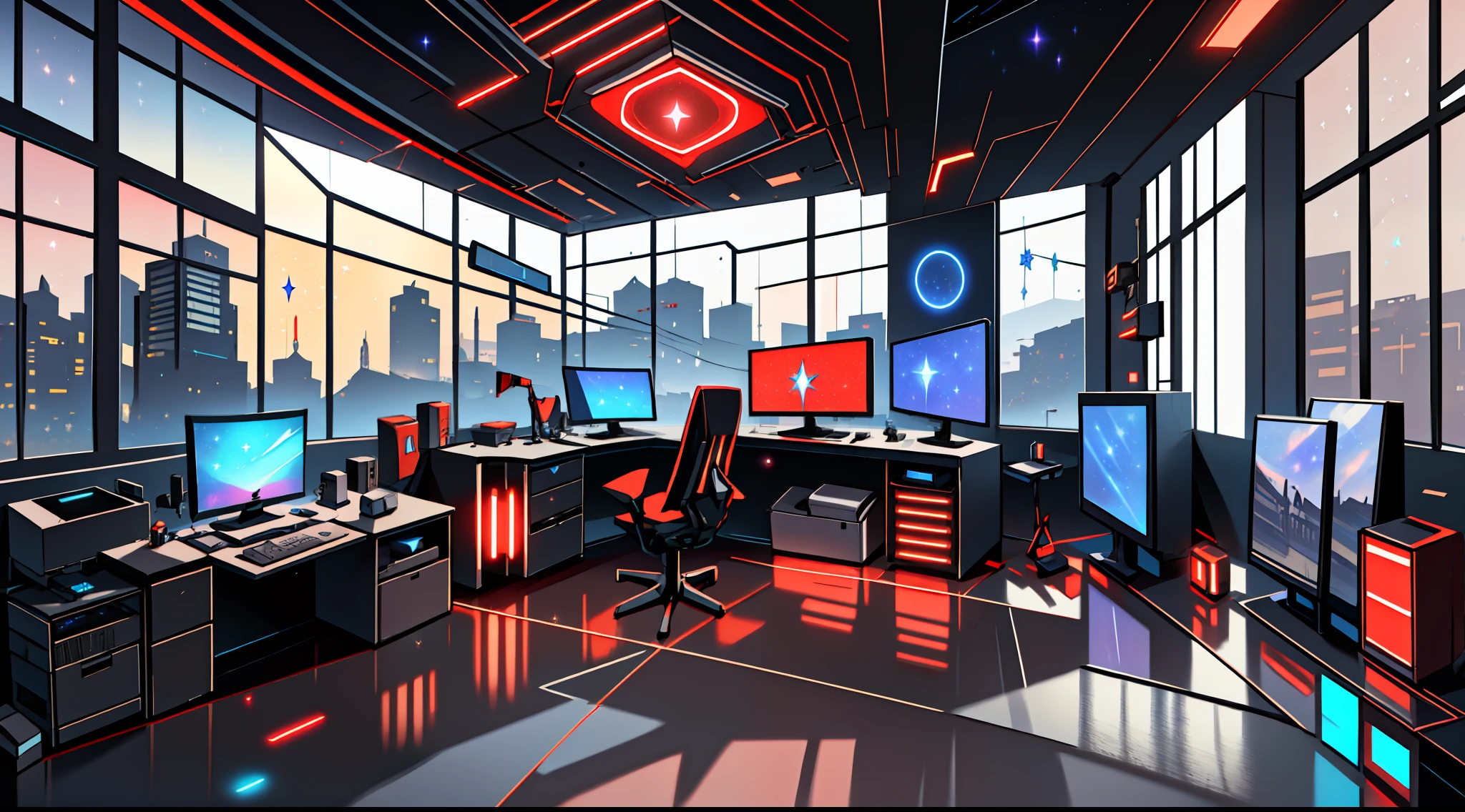 Warm light source Cyberpunk Calm night Tech bedroom Computer desk Microphone light Computer water dispenser Small fluorescent Starry sky Smooth floor Red fox Deconstructivism Fragmentation Gorgeous sculpture Floor-to-ceiling windows Light bed Camera chair Game interface Crimson Dark environment Ambilight