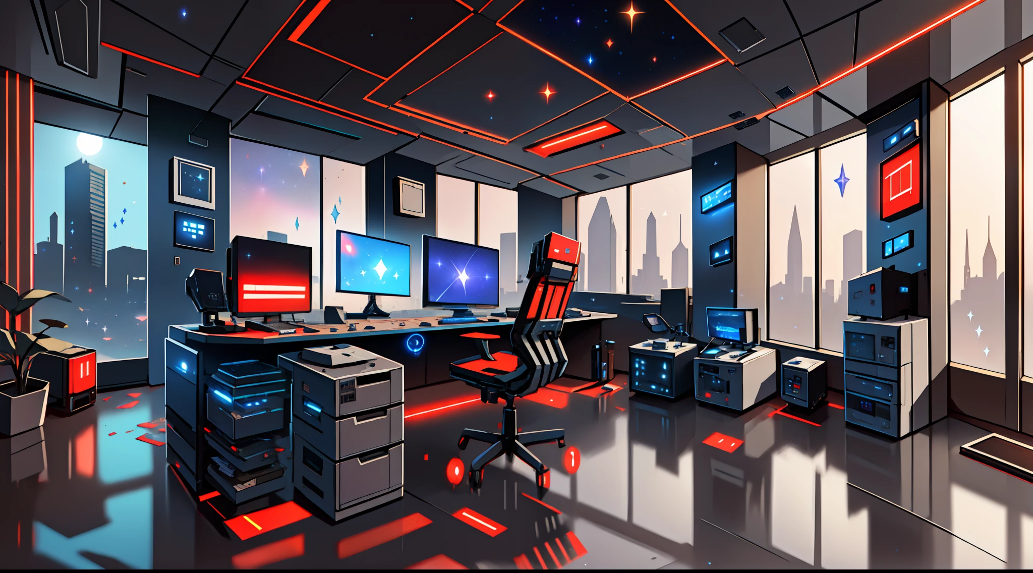 Warm light source Cyberpunk Calm night Tech bedroom Computer desk Microphone light Computer water dispenser Small fluorescent Starry sky Smooth floor Red fox Deconstructivism Fragmentation Gorgeous sculpture Floor-to-ceiling windows Light bed Camera chair Game interface Crimson Dark environment Ambilight
