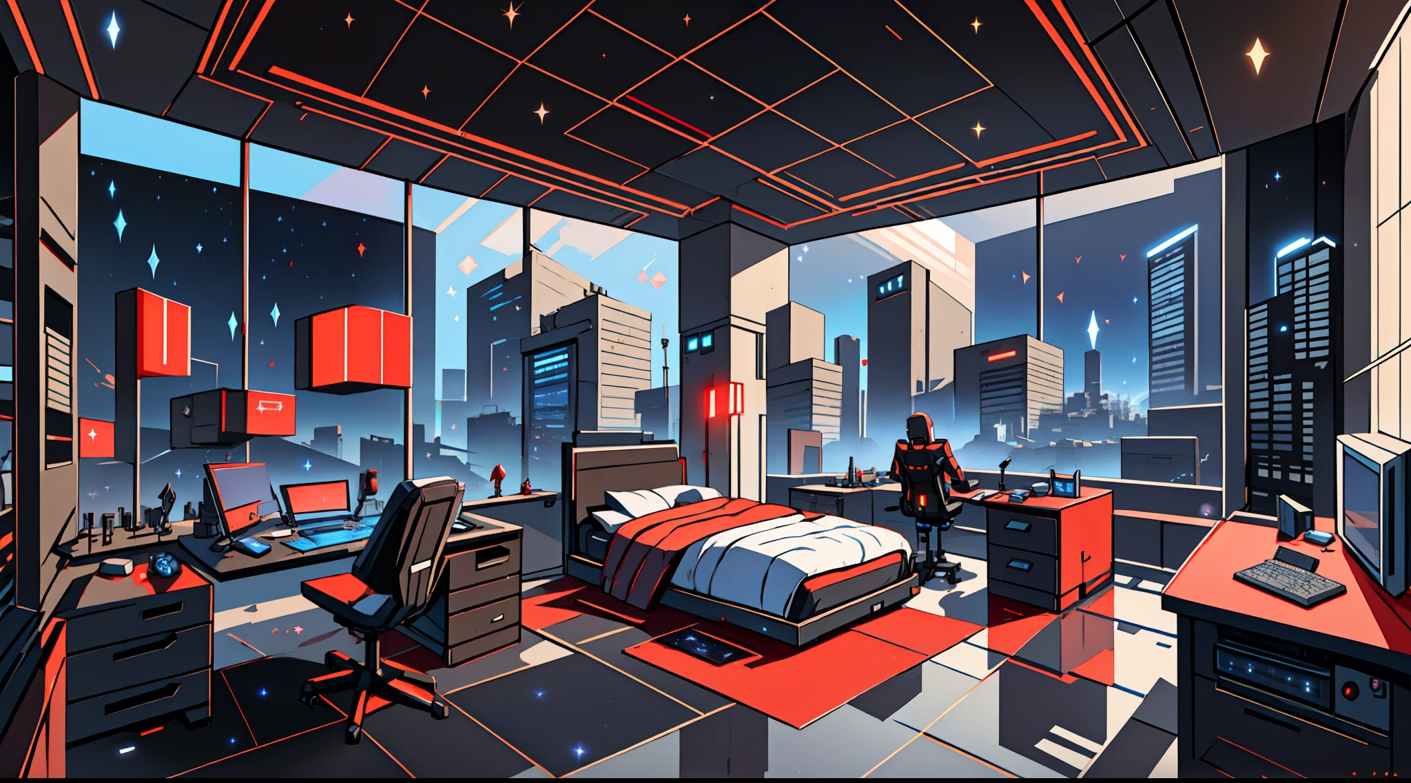 Warm light source Cyberpunk Calm night Tech bedroom Computer desk Microphone light Computer water dispenser Small fluorescent Starry sky Smooth floor Red fox Deconstructivism Fragmentation Gorgeous sculpture Floor-to-ceiling windows Light bed Camera chair Game interface Crimson Dark environment Ambilight