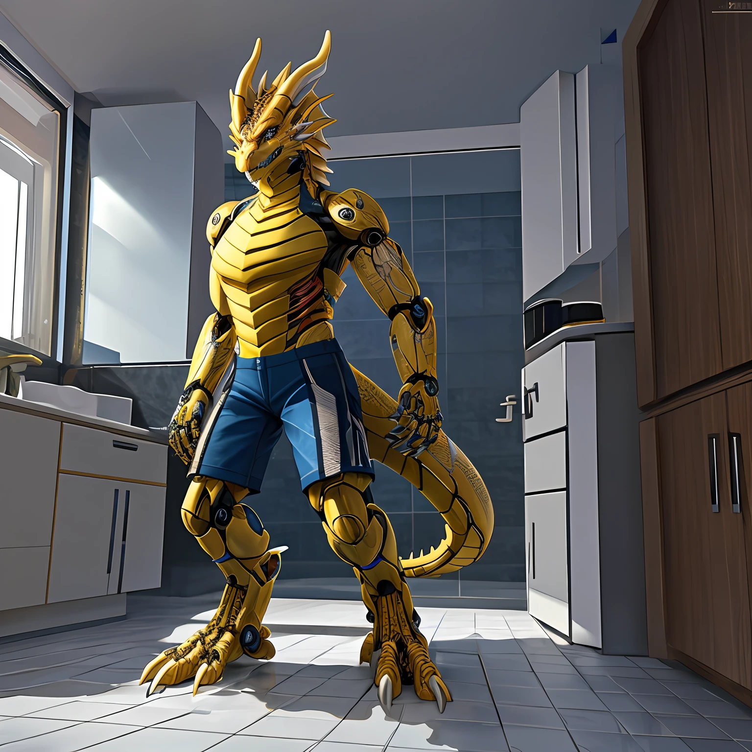 Bionic Mechanical Dragon,Golden Dragon,female,Humanoid,Wear blue shorts,Standing on the porcelain floor of the apartment。HD graphics,Detailed and realistic,high detal,high qulity