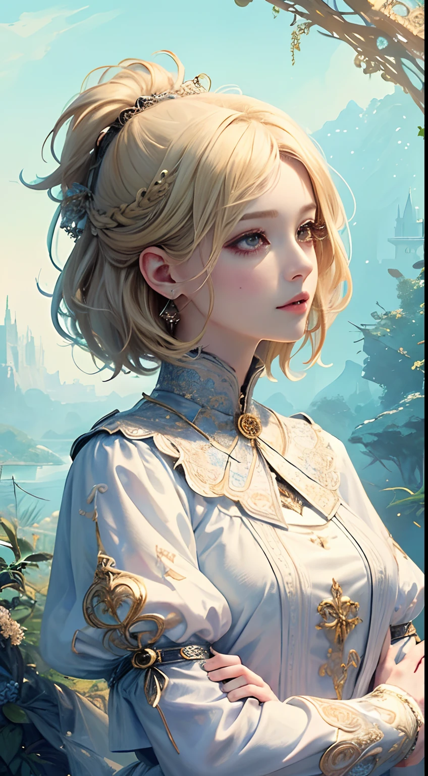 (​masterpiece、top-quality、top-quality、Official Art、Beautifully Aesthetic:1.2)、(1girl in)、ighly detailed、(Fractal Art:1.3)、colourfull、highestdetailed、a blond、short-hair、Know、Challenging、Demagoguery、glareing、scornful、His arms folded、校服