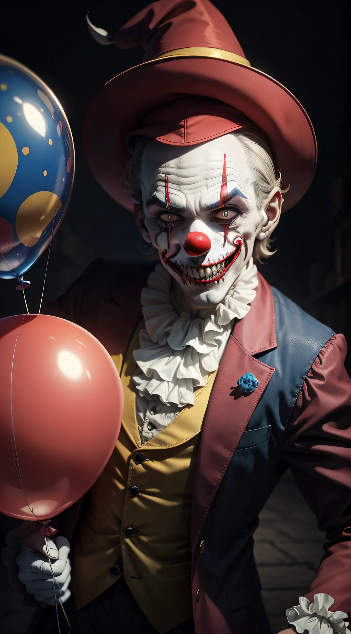 A murderous clown with a macabre smile and a hat holding a balloon in his hand