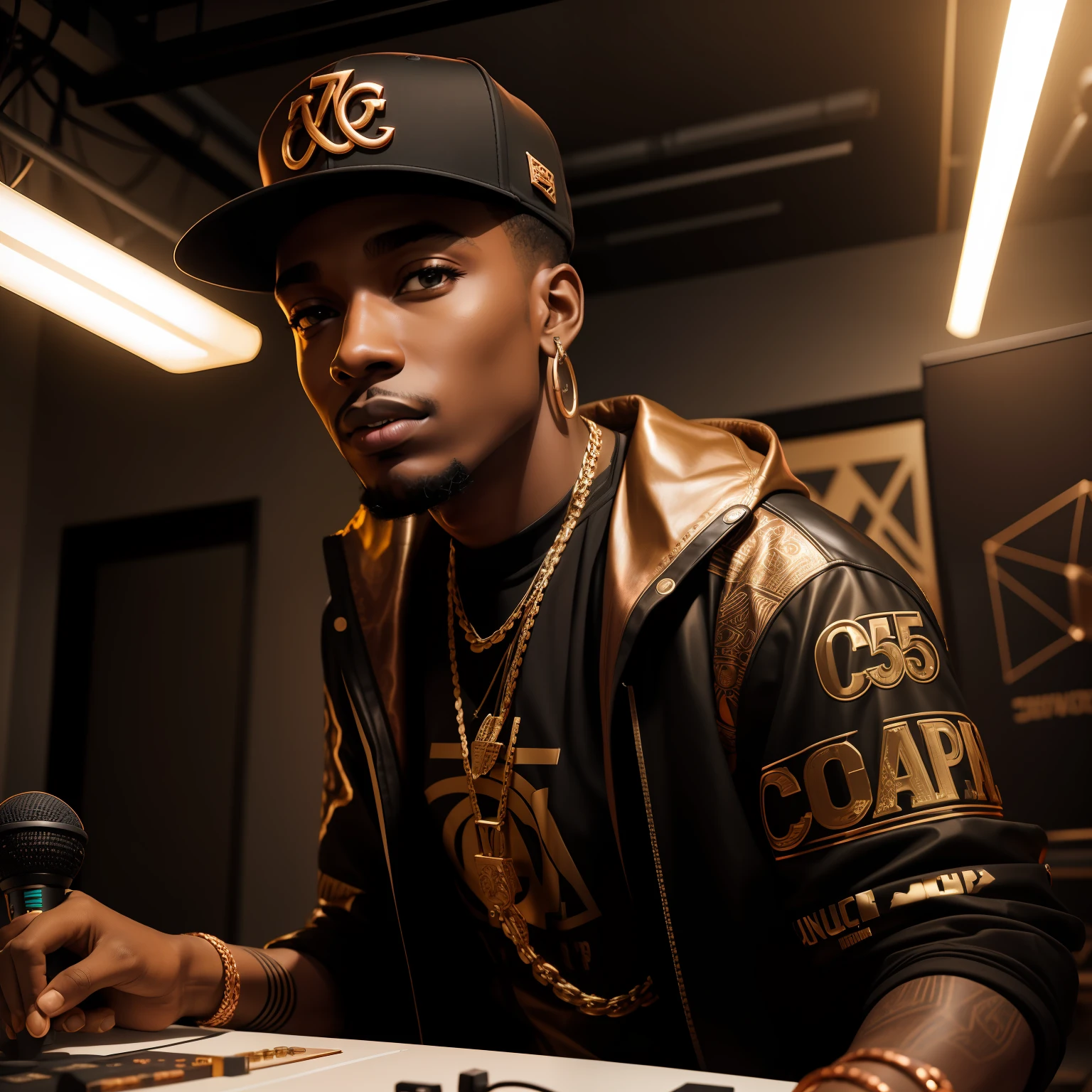Design young black man, hip hop rapper,  design copper jewelleries, design producer on deck, coco theme art style,  design studio, studio session, design copper microphone realistic photography,  portrait Canon 5 depth of field 1.5