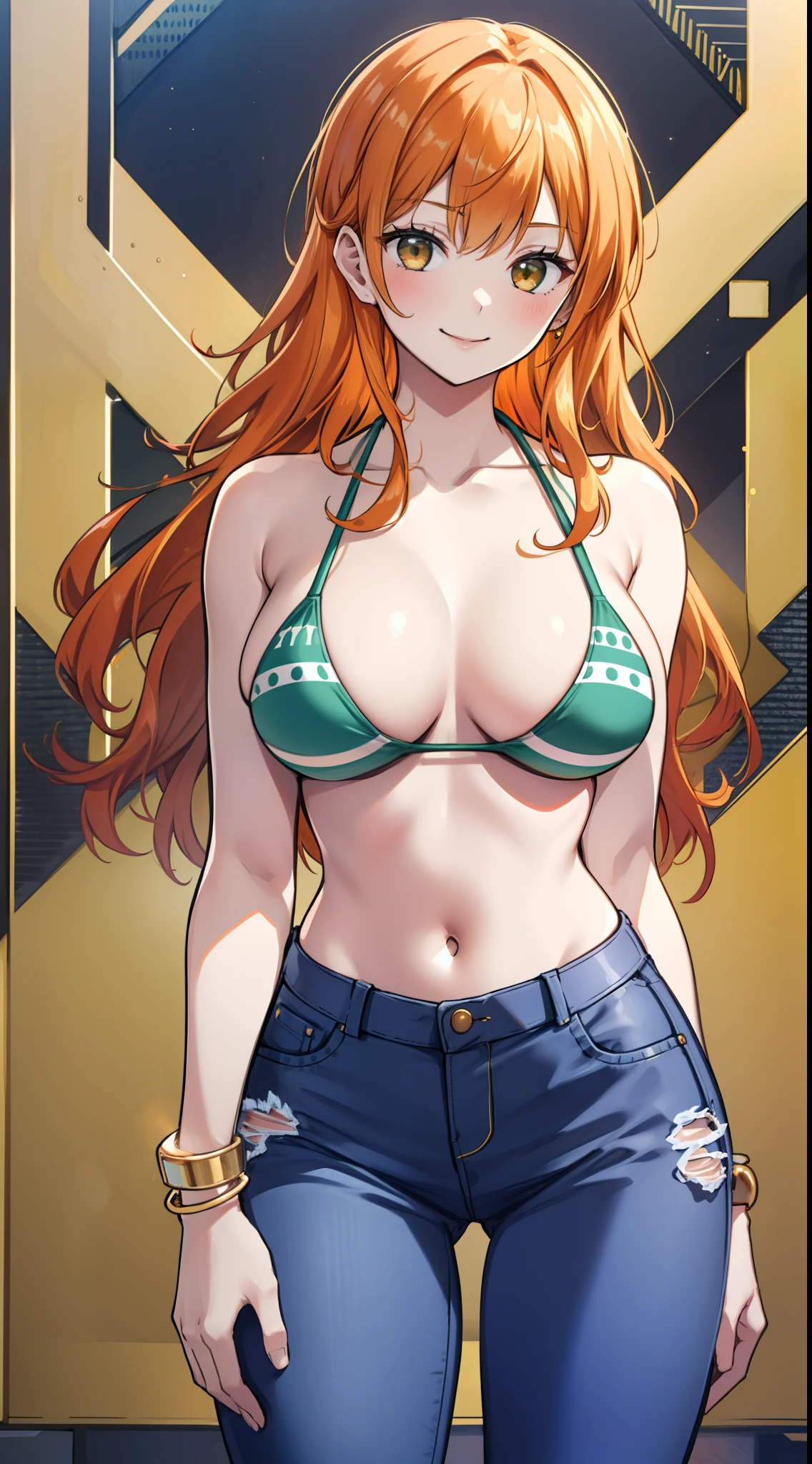 top-quality,Masterpiece,masterpiece,8K,32K,high-level image quality,High pixel count,1人の女性,1girl in,独奏,orange color hair,(Long),Slender body lines,Thin hip line,Green Bikini Top,Blue jeans,Golden bracelet,is standing,facing front,sexy pose,a smile,Bullish smile,