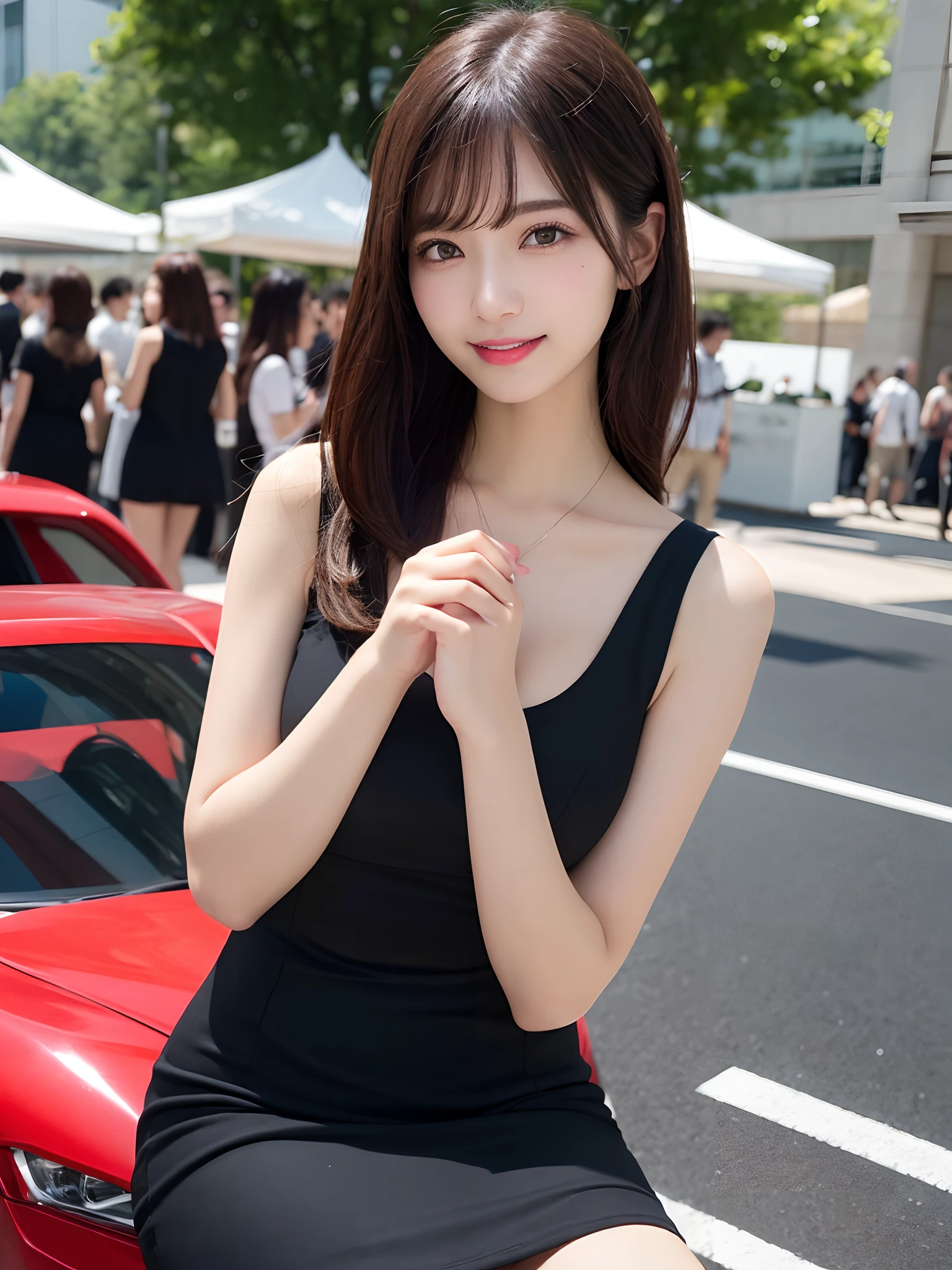 masutepiece、Best Quality、Illustration、 ultra-detailliert、hight resolution、8K Wallpapers、Perfect dynamic composition,、Beautiful detailed eyes、Event Companion、(Black One Piece Dress:1.3)、a miniskirt、Medium Hair、(Beautiful Large Breasts:1.3)、Natural Color Lip、Bold sexy poses、Smile、Harajuku、20 years girl、Cute、Sexy shot looking at camera、(Event Venues:1.3)、motor show、Sit up