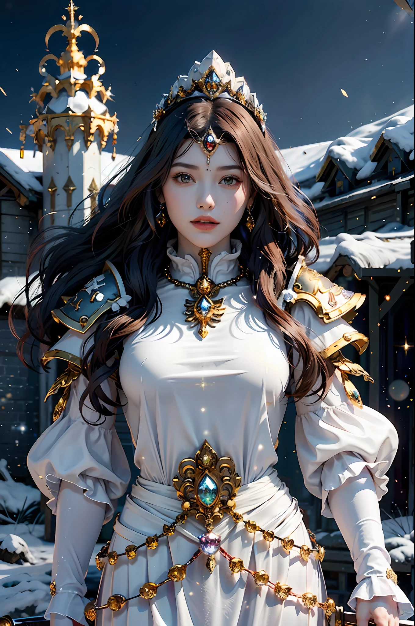 (masterpiece), Professional , masterpiece、top-quality、photos realistic , depth of fields (Gemstone Silver Metal Body:1.9),(Matte White、Particles of light、Jewel Gold Weapon(Jewel Metal Body:1.4),Gorgeous Jewel Metal Weapons , Detailed Sword of the Brave ,( Soldier background in metal armor) ,warhammer 40k , adepta sororitas,Detail and ornate jewel crown、独奏、Black hair、Gangle's forest background、Beautiful Caucasian beauty、1a person、dynamic ungle,(((Diamond tiara with detail and luxury)))、a small face、A smile、Powerful poses、(Gorgeous castle background)、huge-breasted、20 year old beautiful woman、Stand in the center of the screen、Thin female fingers、Seductive look、