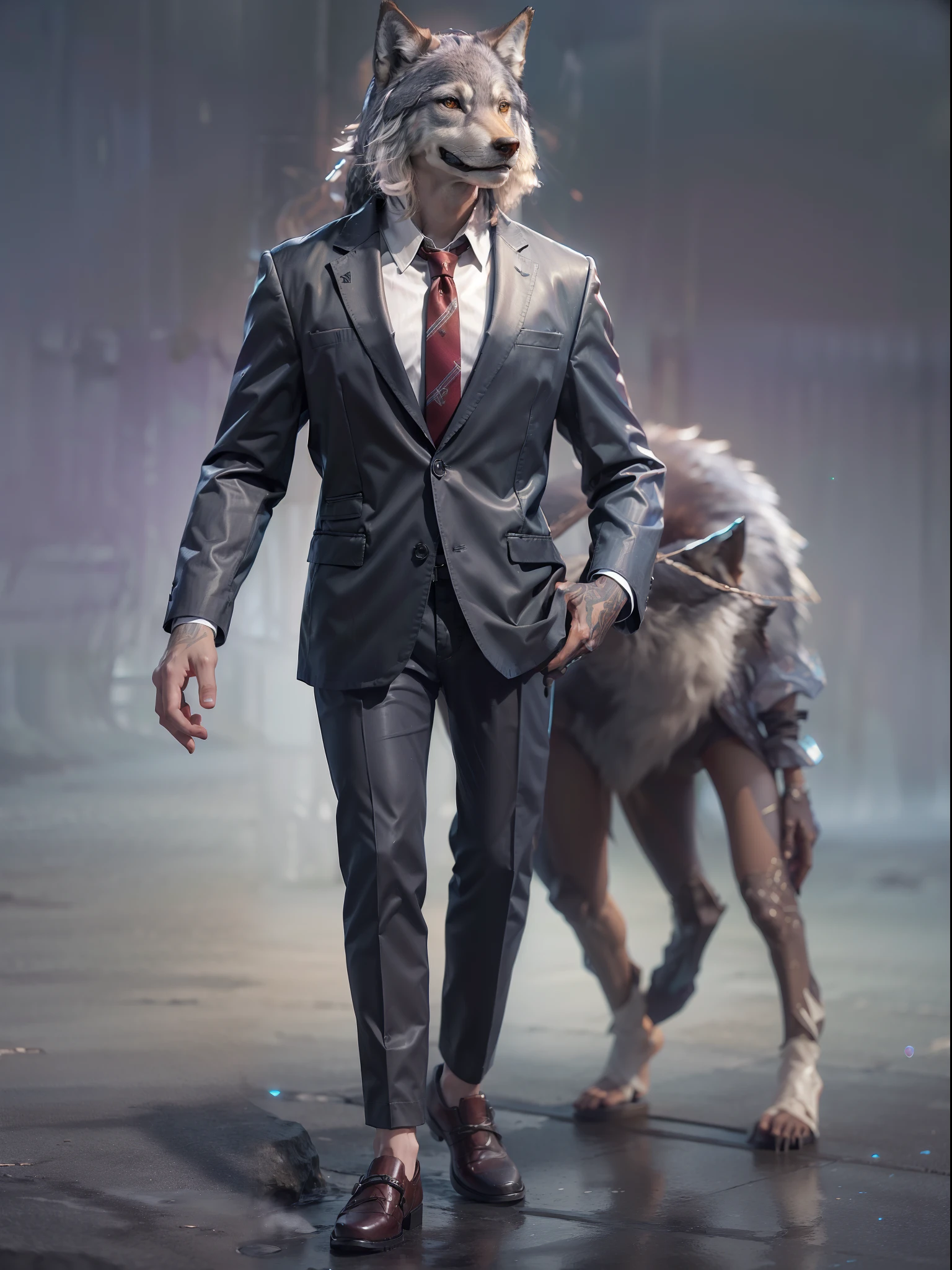 (((fullbody image、Standing posture)))、(Full body wolf standing upright in luxury business suit、Humanoid Wolf、Cool anthropomorphic wolf with long legs)、masterpiece, top-quality, in 8K , intricate detailes, ultra-detailliert , light Particle、32K Digital Paint, Hyper-Realism, No background